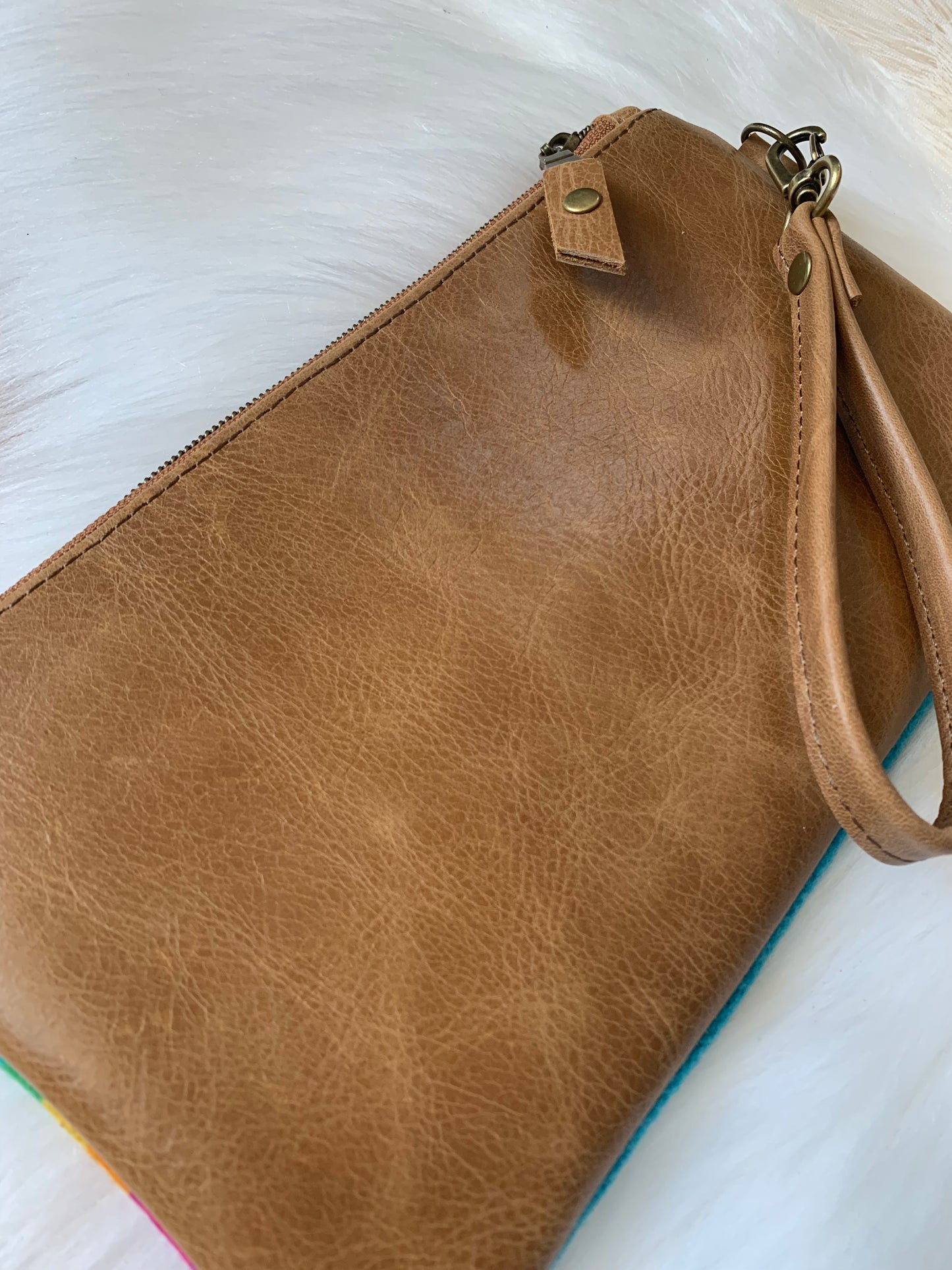 Wool and leather clutch wristlet, San Gabriel wool, caramel leather clutch wallet