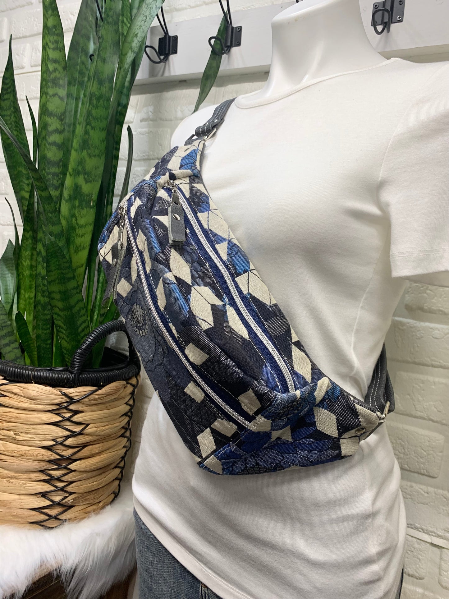 Jade Sling bag Woven Wings wrap scrap and grey leather crossbody