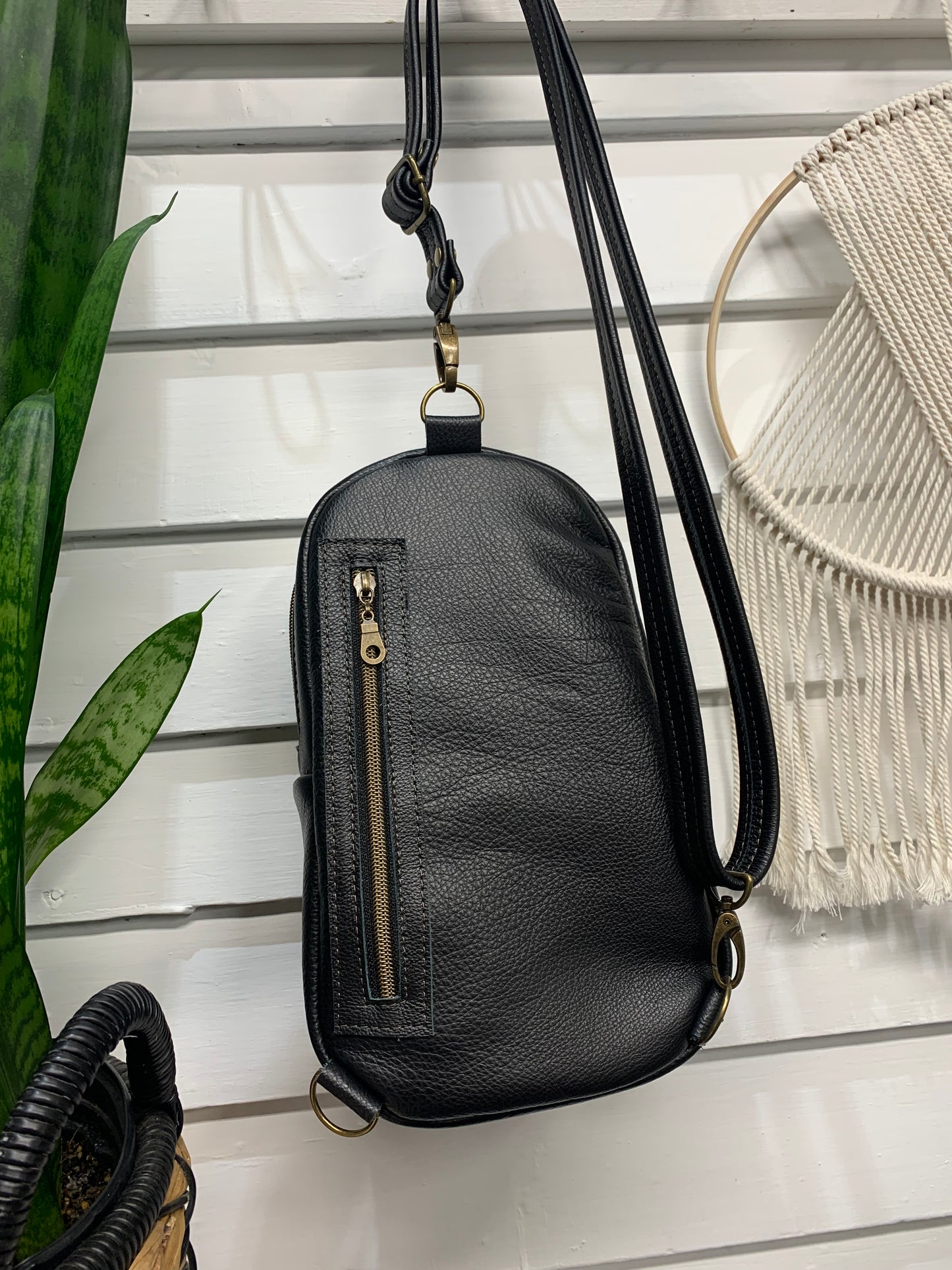 Citrine Sling backpack Pueblo dwelling wool and Black leather