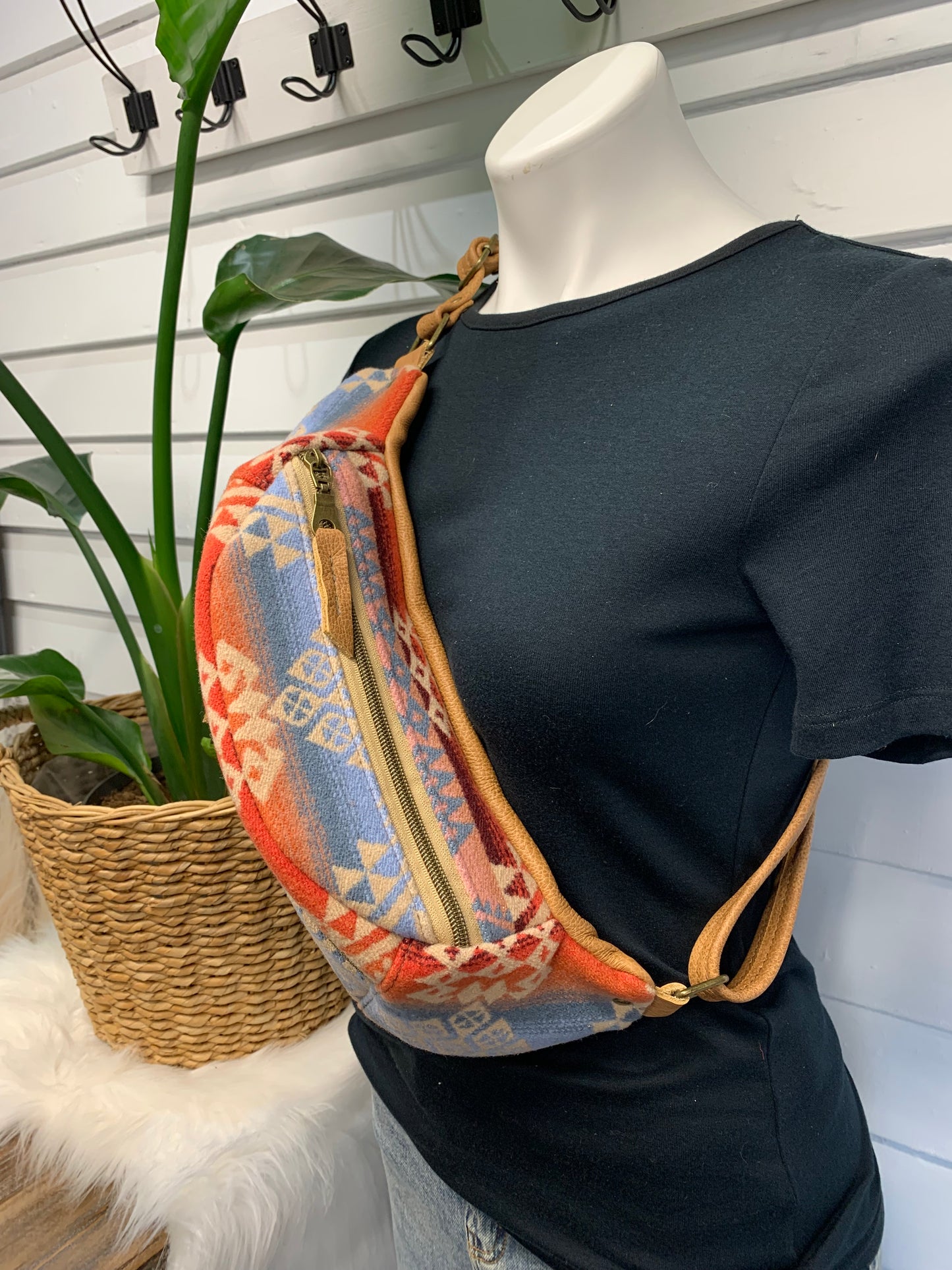 Jade Sling bag Desert Sky wool and caramel leather crossbody