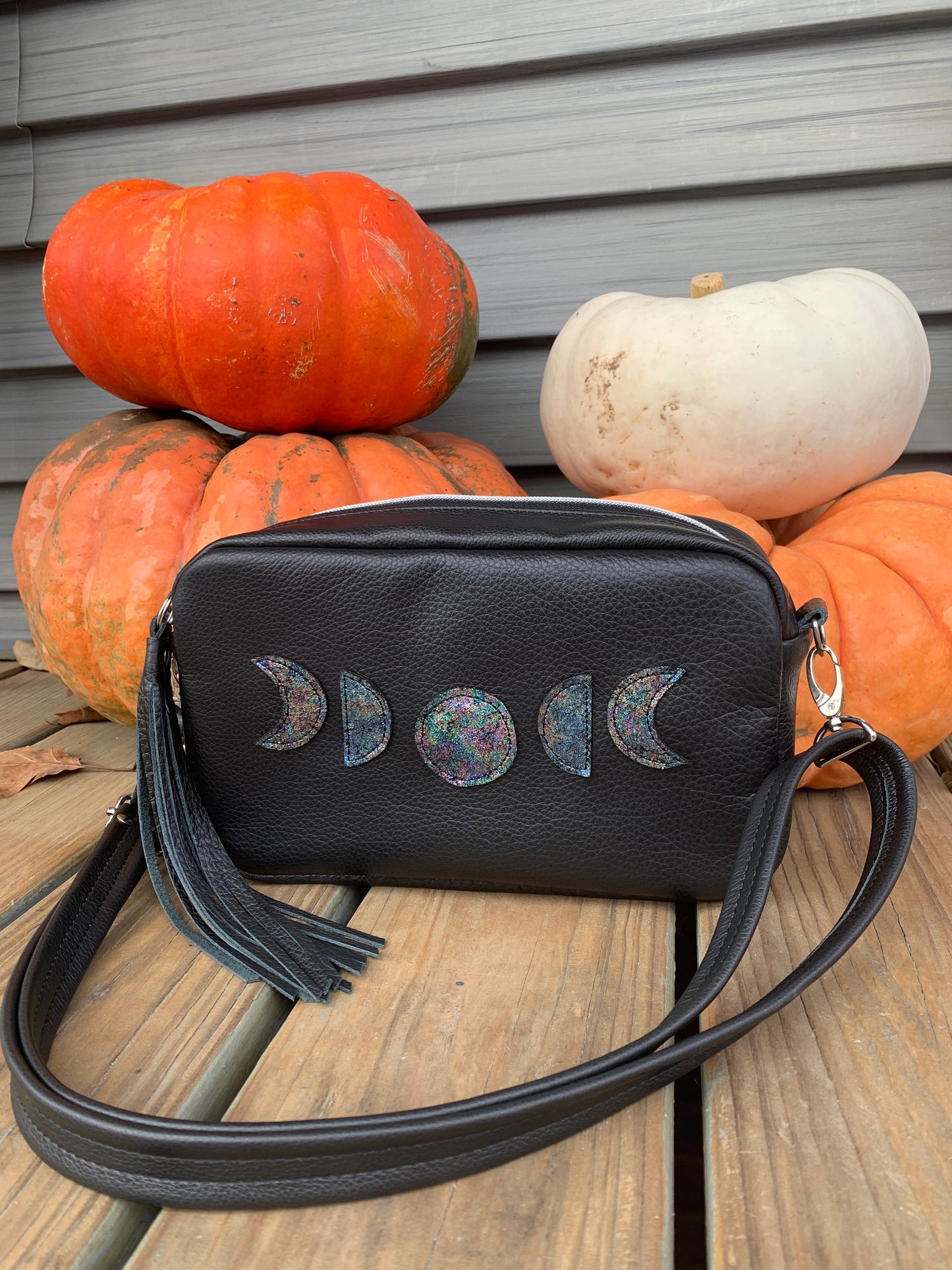 Emerald crossbody bag, Moon Phase, black genuine leather, Camera bag