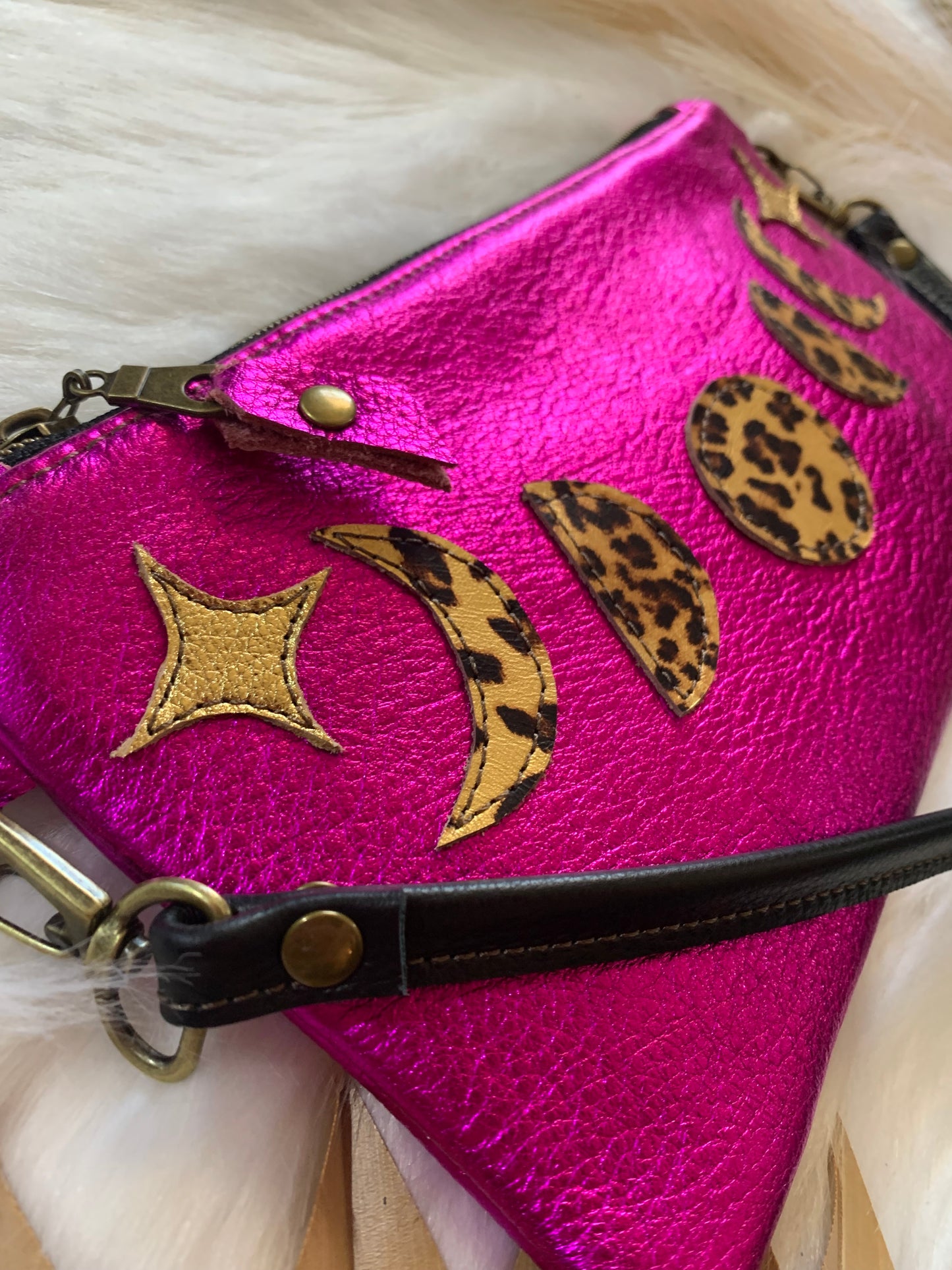 Moon phase metallic pink leather crossbody clutch, leopard leather