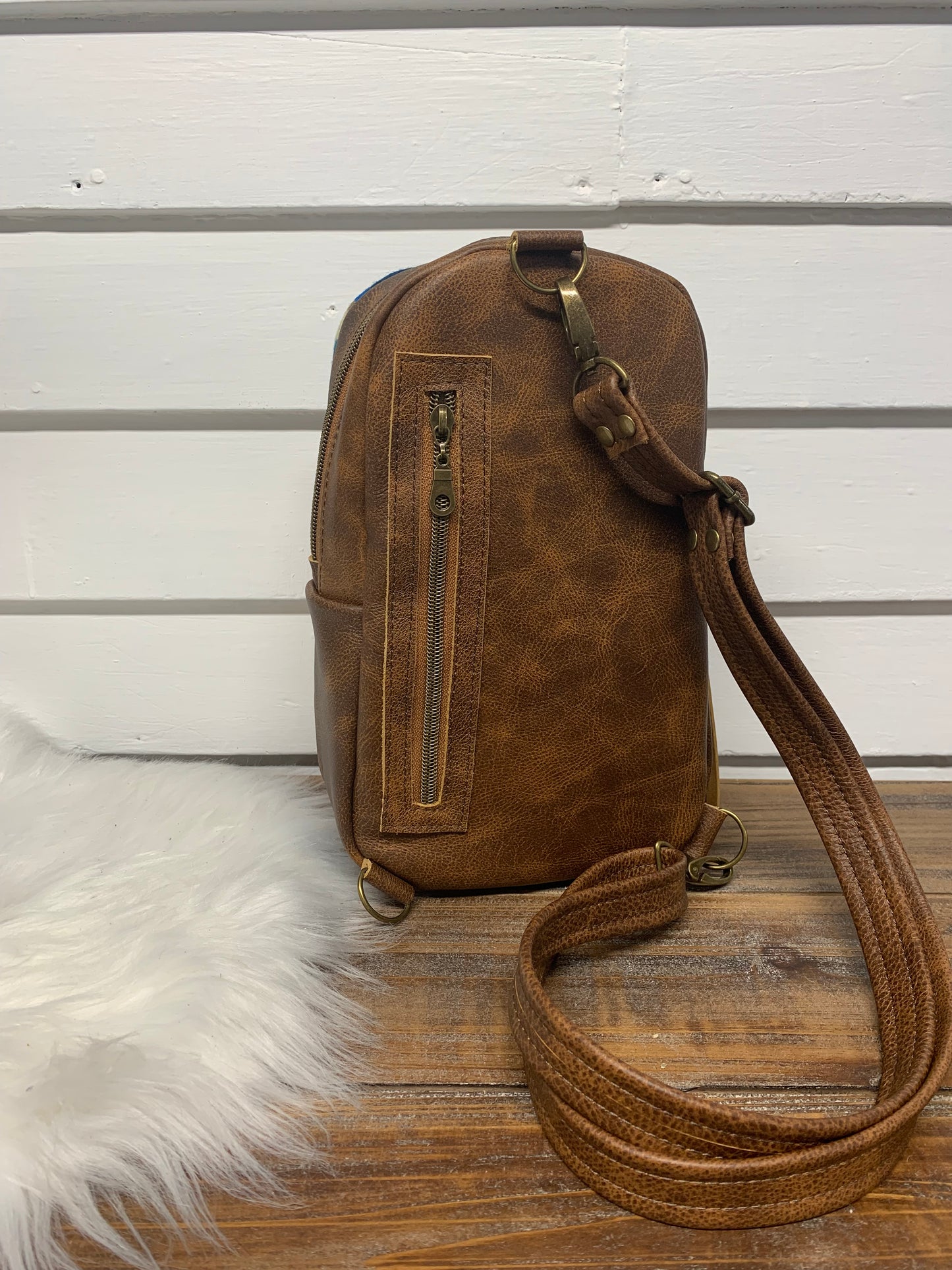 Citrine Sling backpack Pilot Rock wool and Saddle brown leather