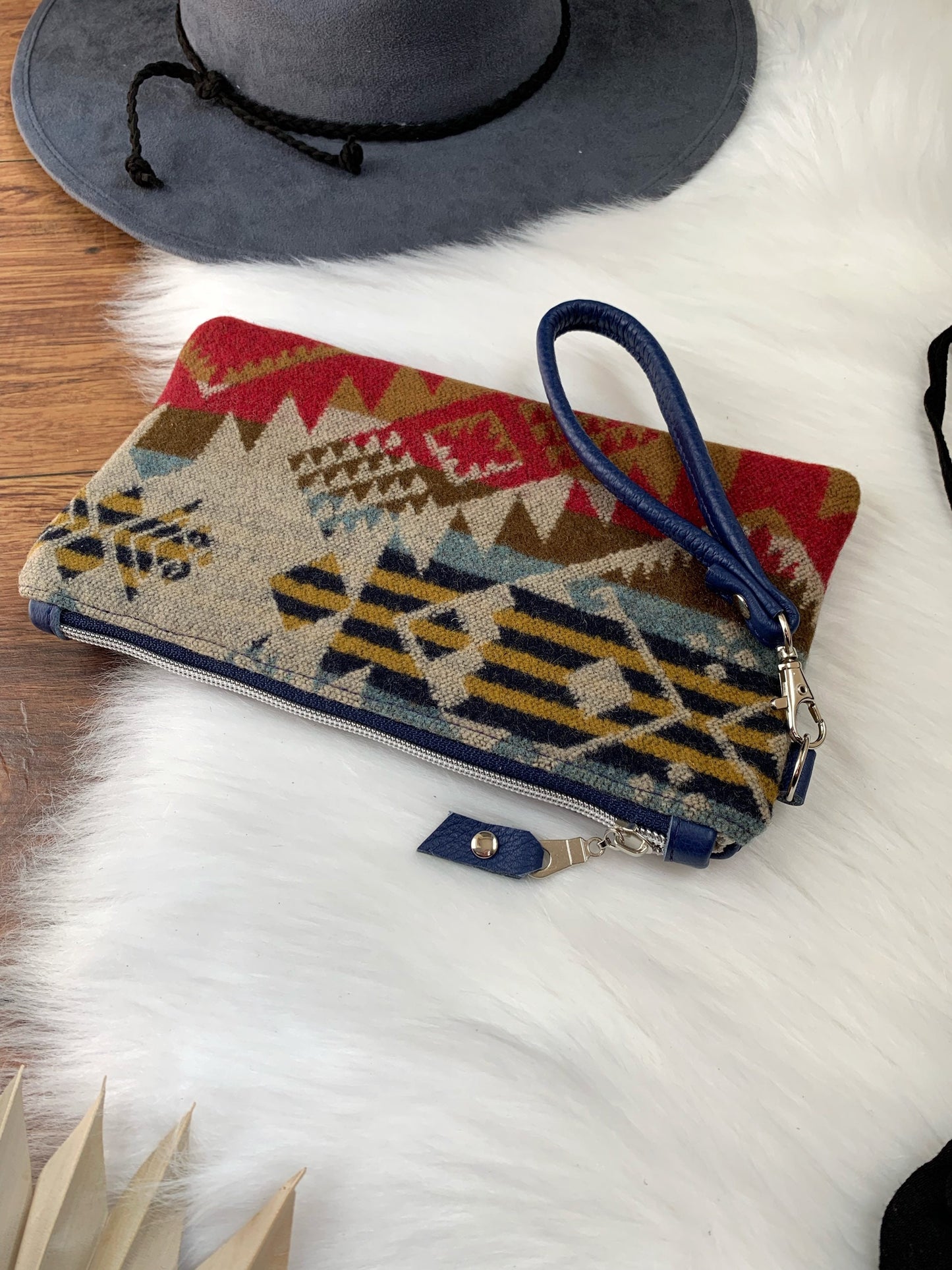 Wool and leather clutch wristlet, cobalt leather, Journey West Wool, leather clutch wallet, Maine made, wool fabric, leather bag