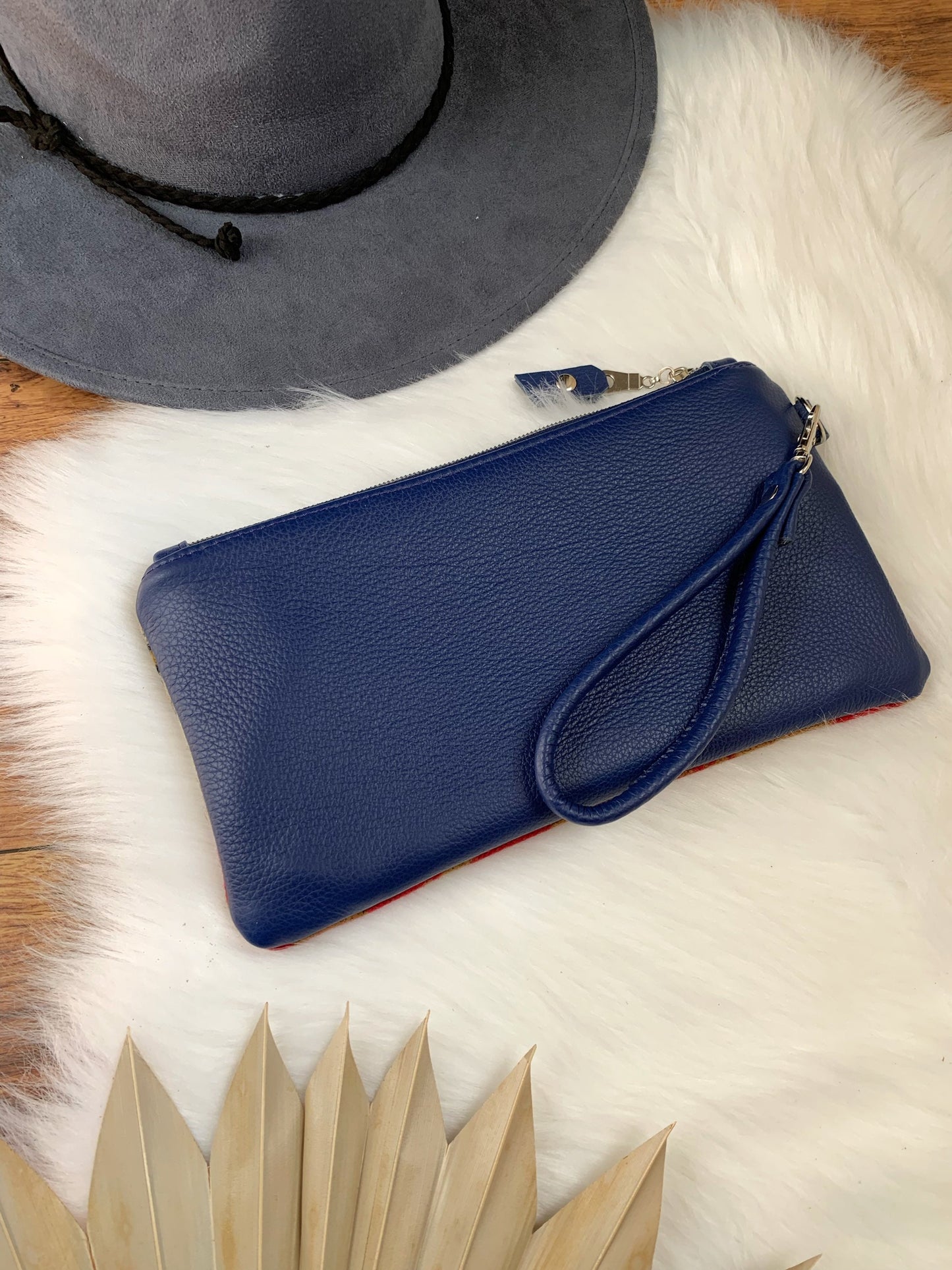 Wool and leather clutch wristlet, cobalt leather, Journey West Wool, leather clutch wallet, Maine made, wool fabric, leather bag