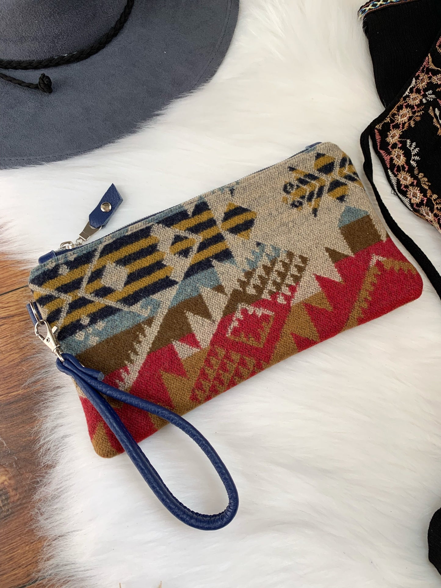 Wool and leather clutch wristlet, cobalt leather, Journey West Wool, leather clutch wallet, Maine made, wool fabric, leather bag