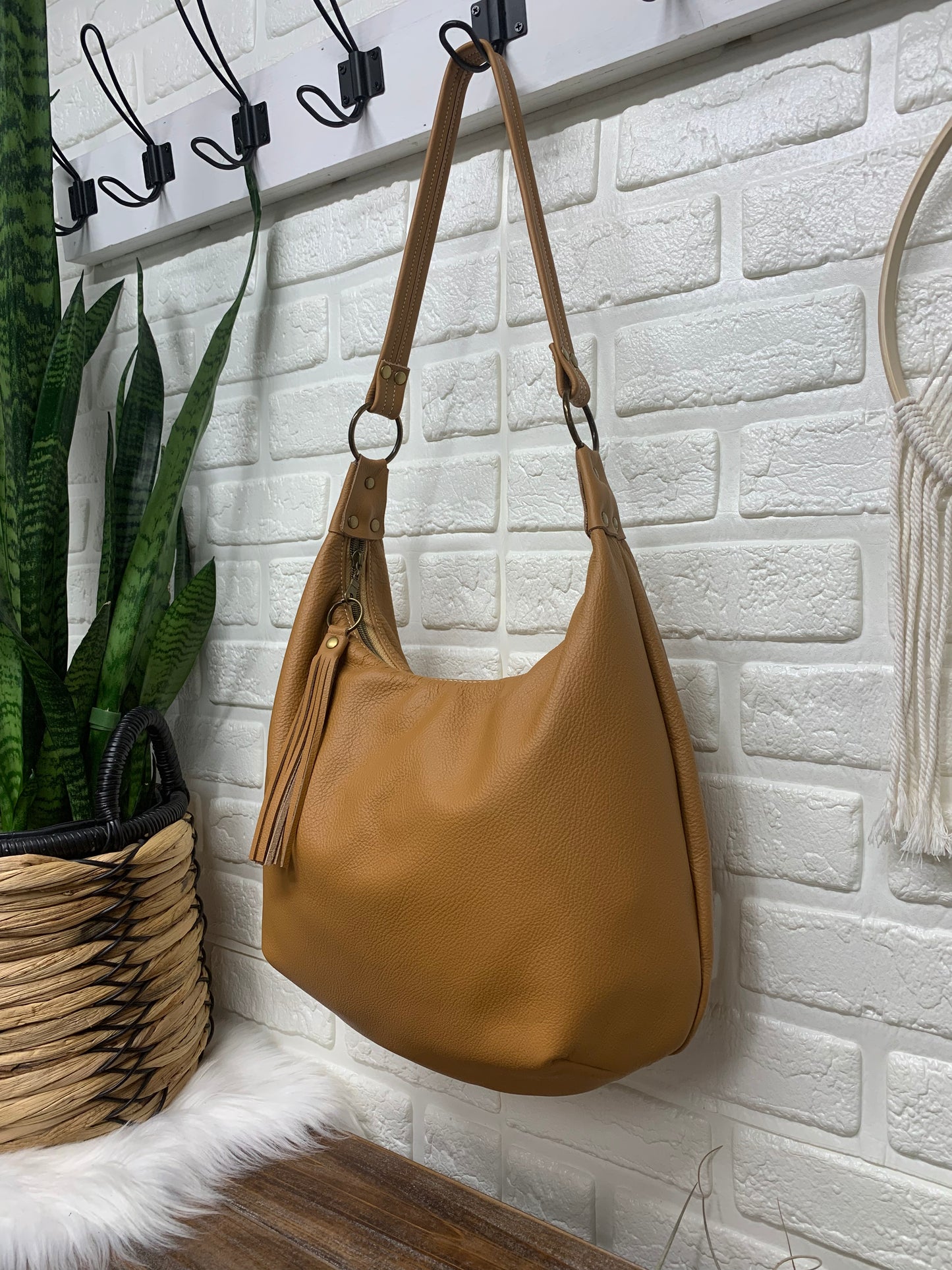 Caramel leather hobo bag, genuine leather handbag