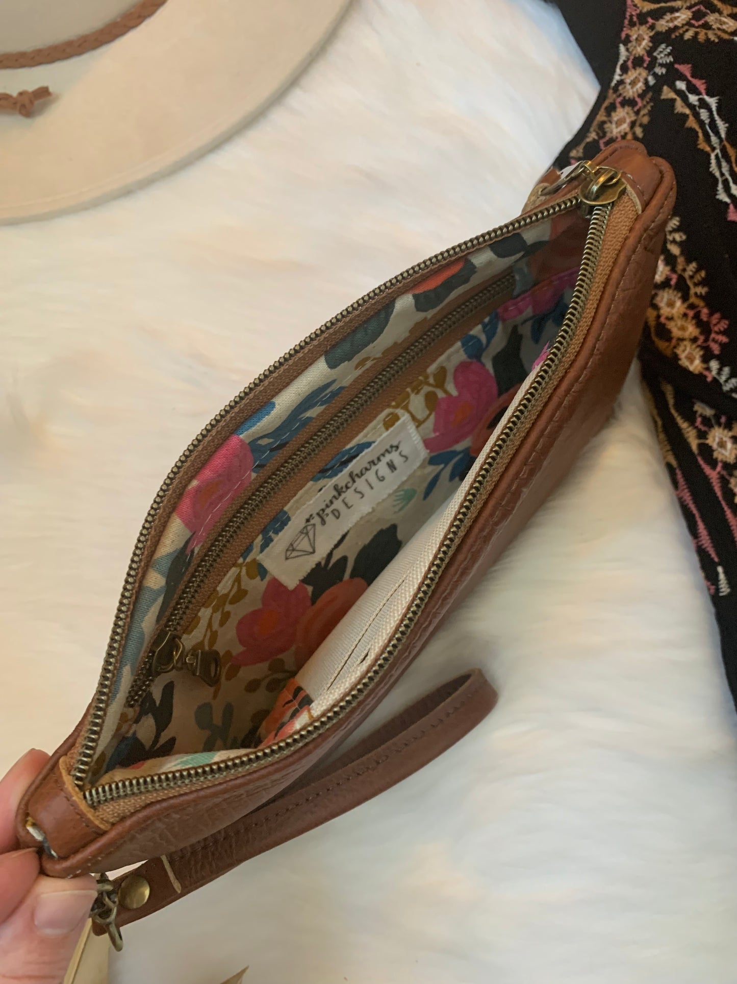 Caramel two toned leather clutch wristlet