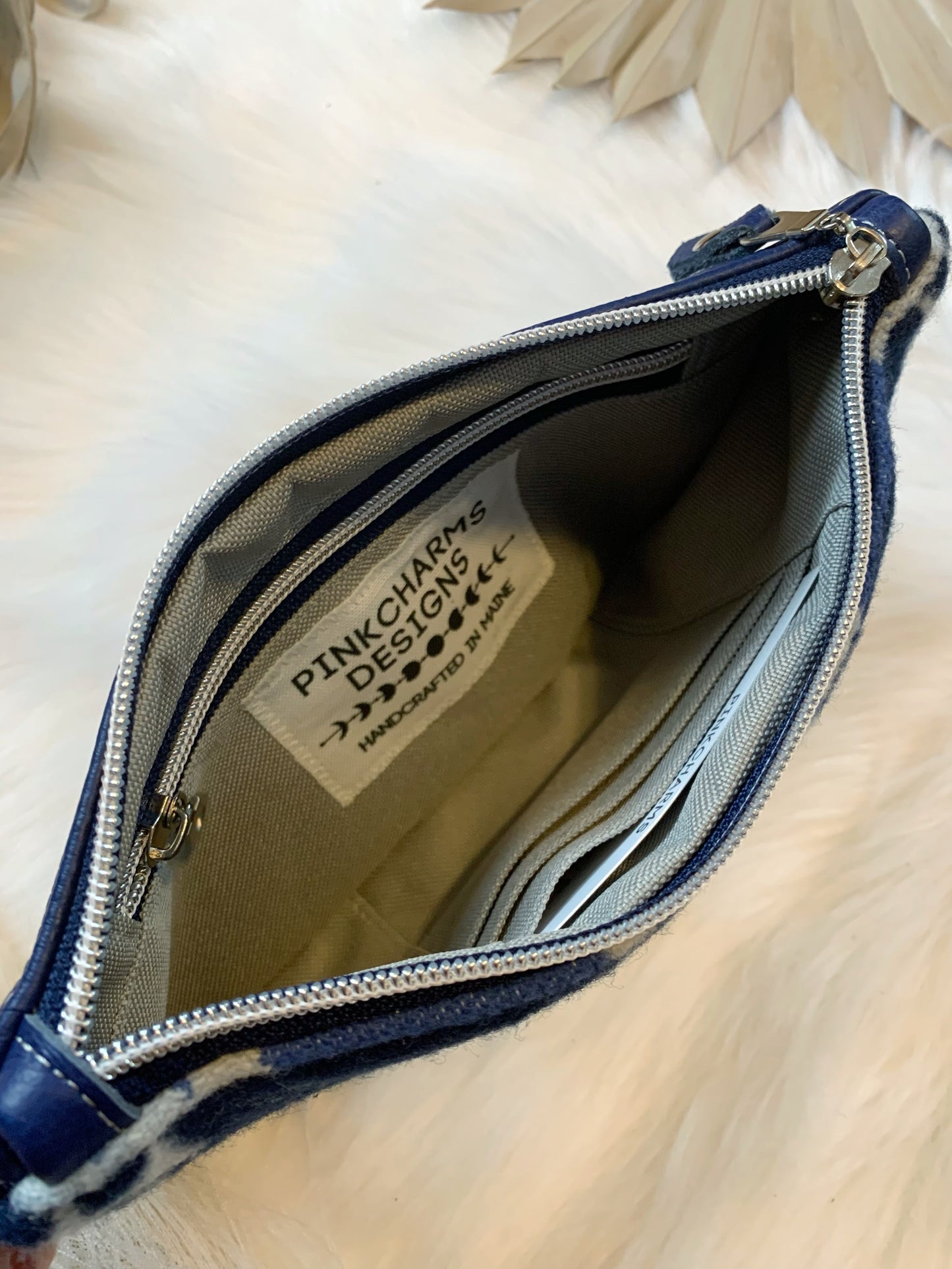 Wool clutch wristlet, Cobalt blue leather, Trailhead blue wool