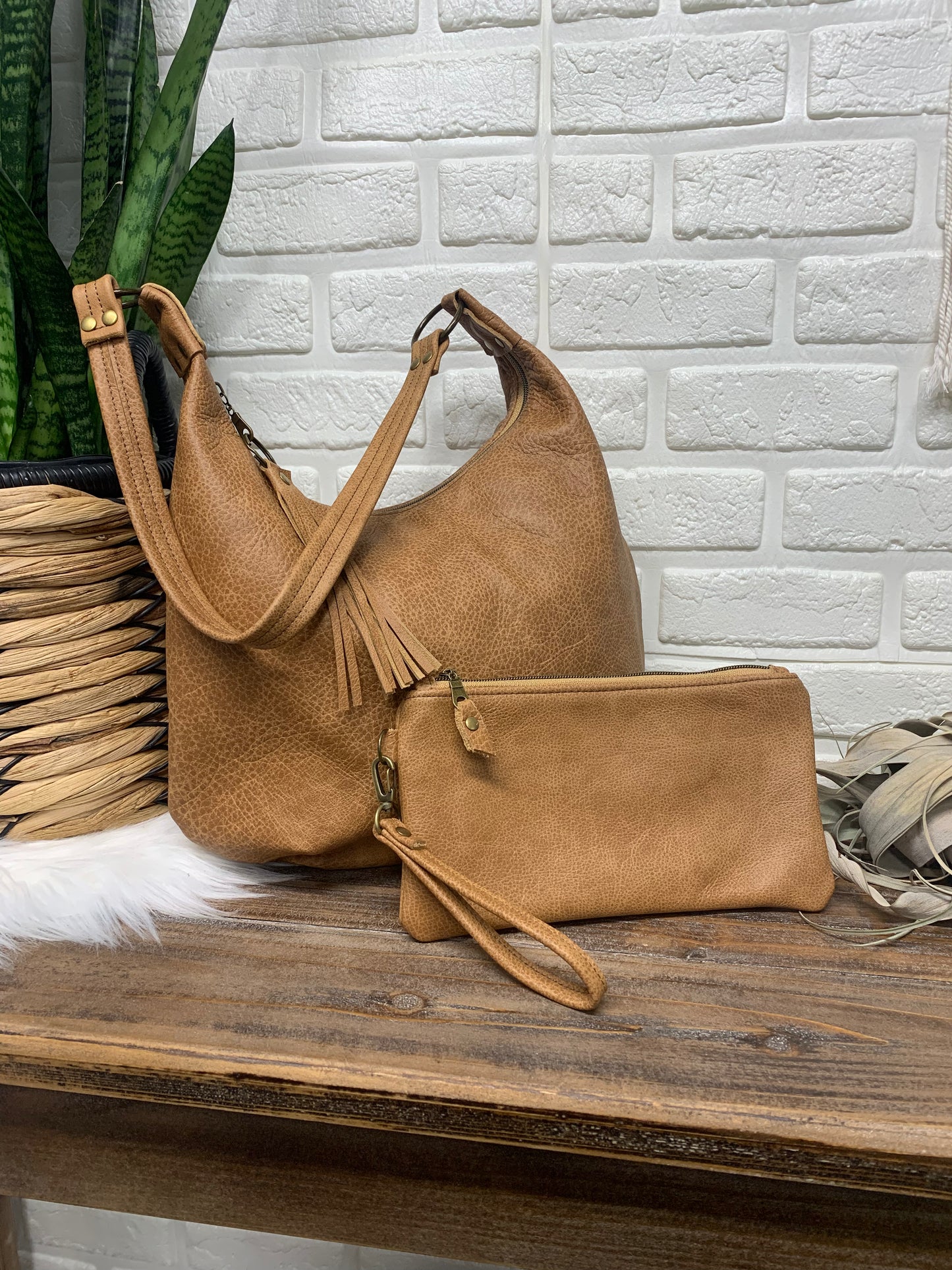 Caramel two toned leather clutch wristlet