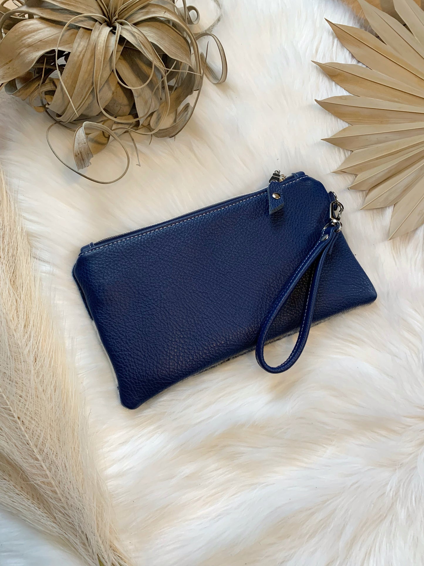 Wool clutch wristlet, Cobalt blue leather, Trailhead blue wool