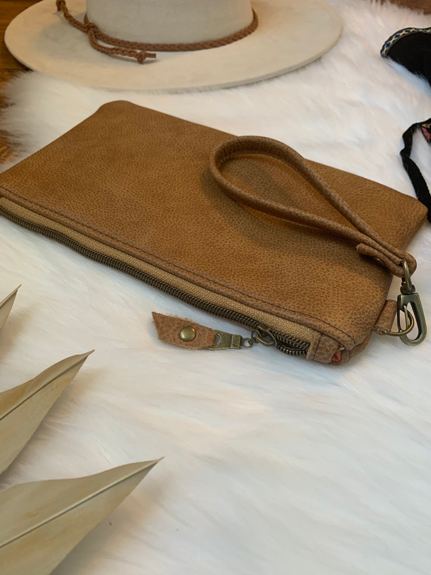 Caramel two toned leather clutch wristlet