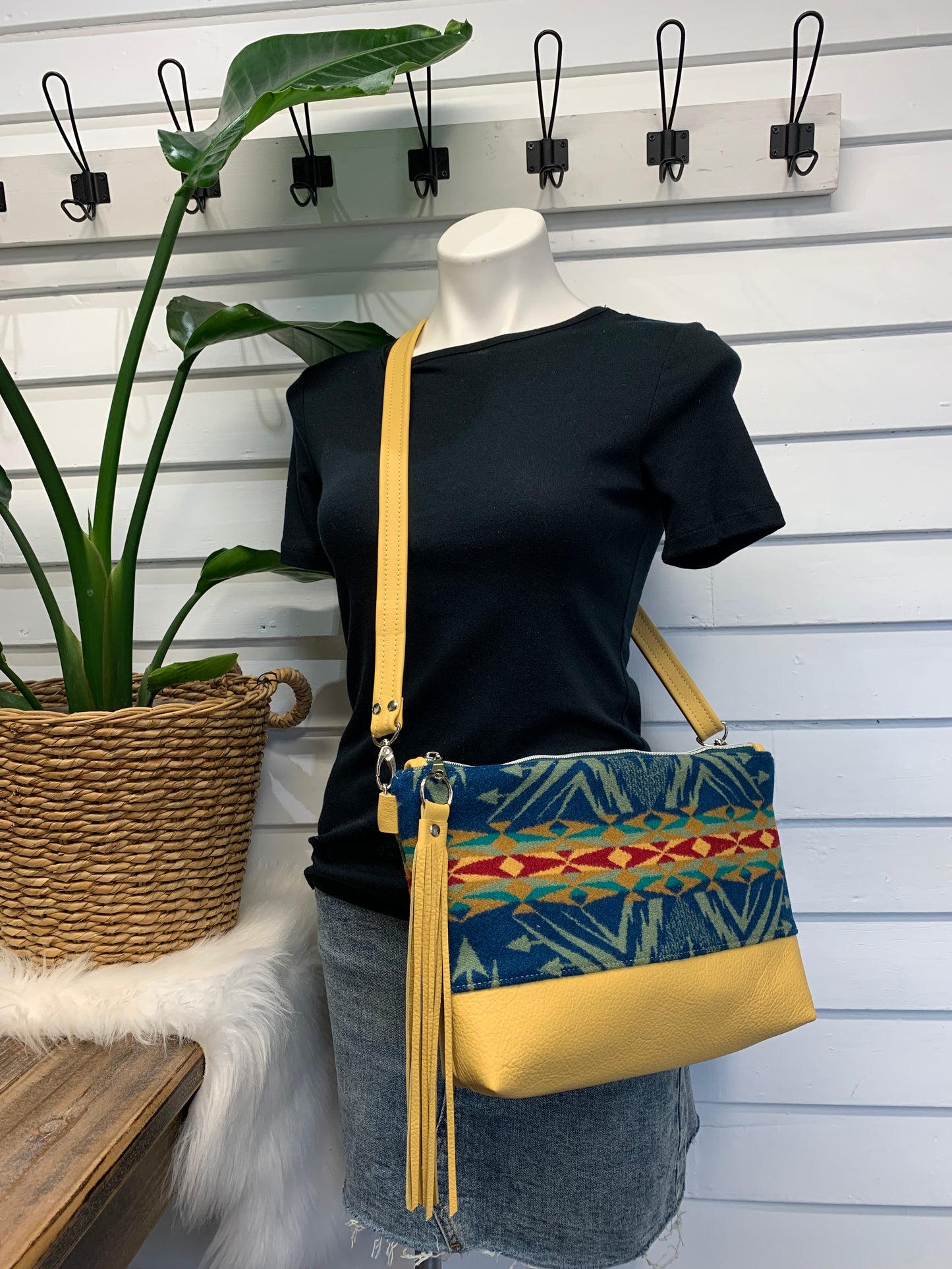 XL Ruby crossbody bag, Echo peaks wool, yellow cowhide leather