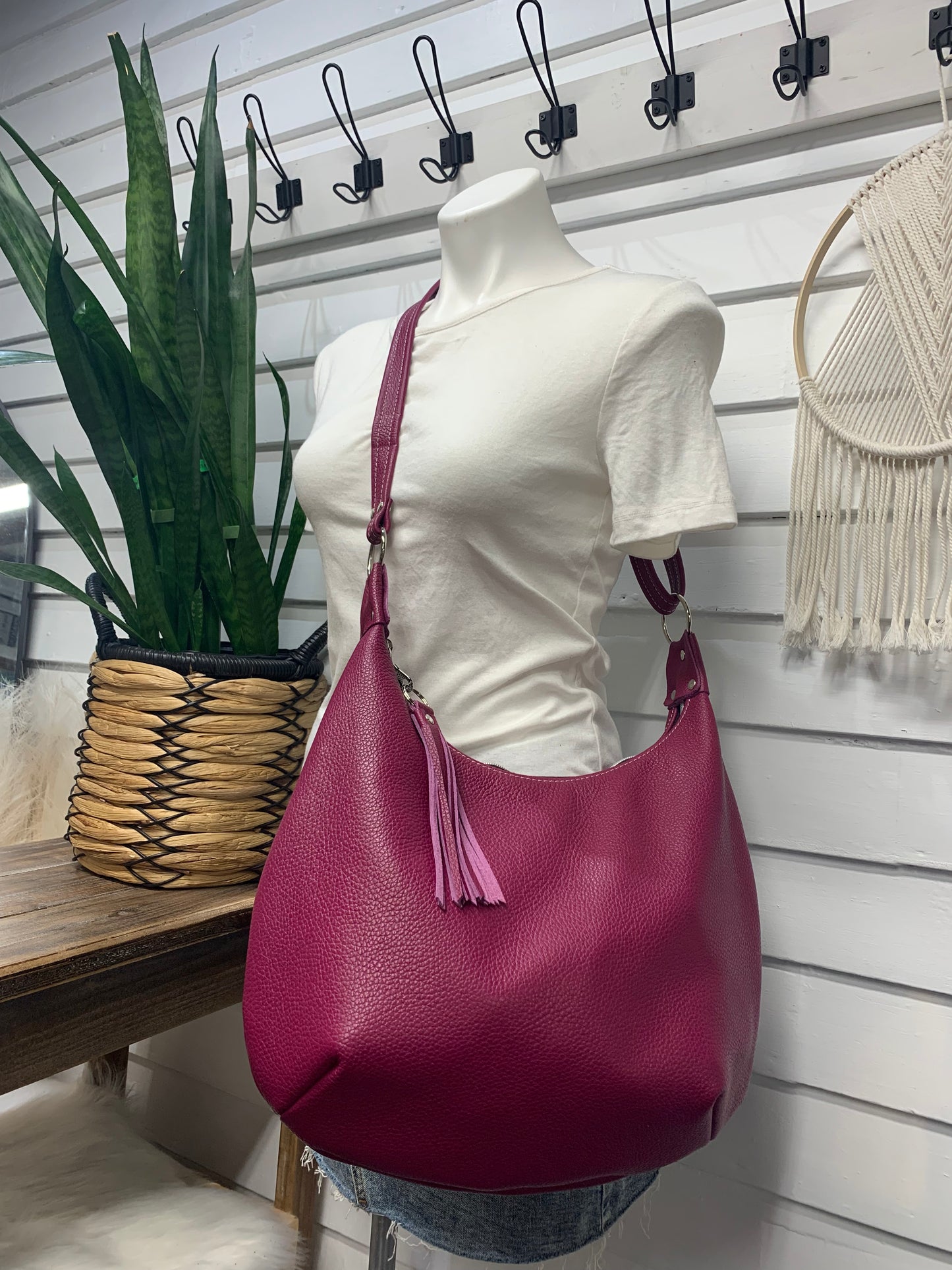 Onyx hobo bag, Berry Italian pebble grain leather crossbody