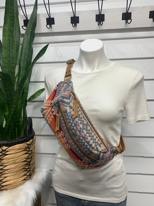 Jade Sling bag Desert Sky wool and caramel leather crossbody