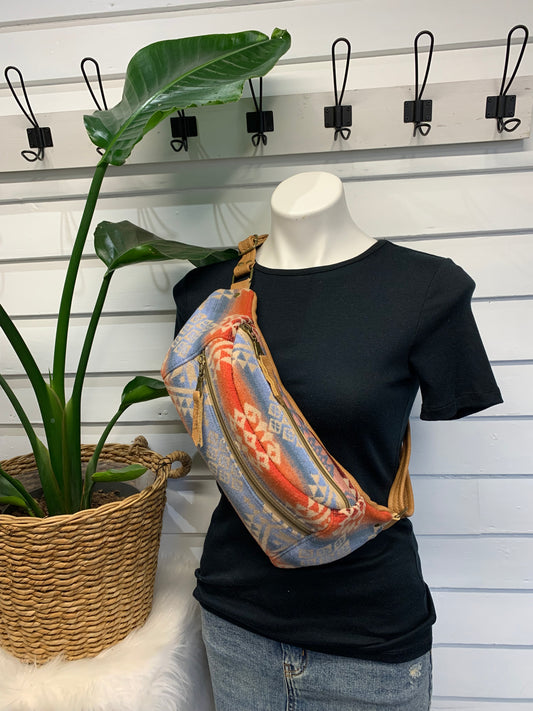 Jade Sling bag Desert Sky wool and caramel leather crossbody