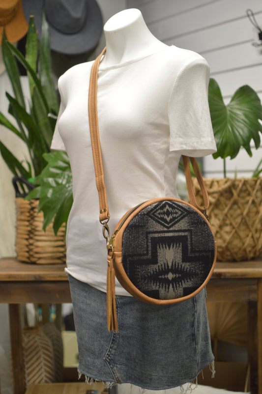 Moonstone crossbody bag, Harding black wool, caramel brown leather, Canteen bag