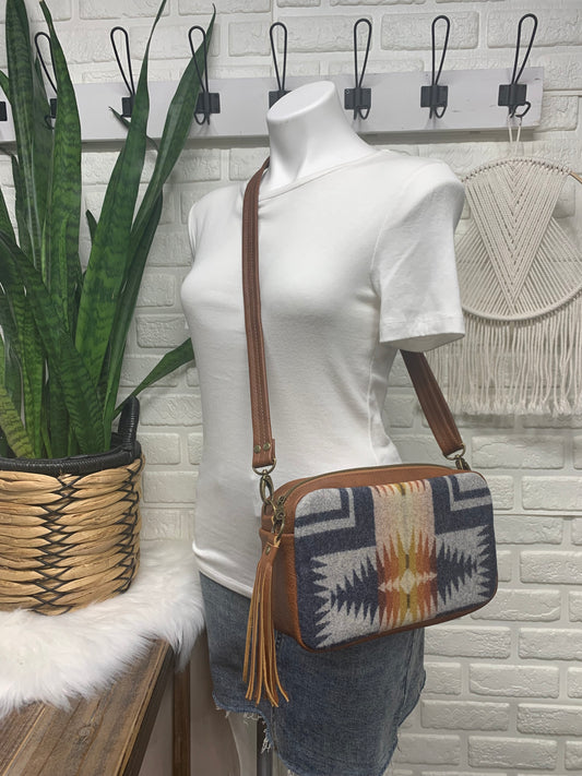 Emerald crossbody bag, Harding Navy wool, spice brown leather, Camera bag