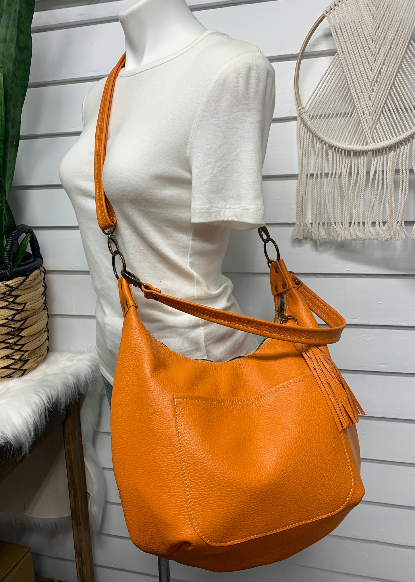 Onyx hobo bag, Pumpkin Italian pebble grain leather crossbody