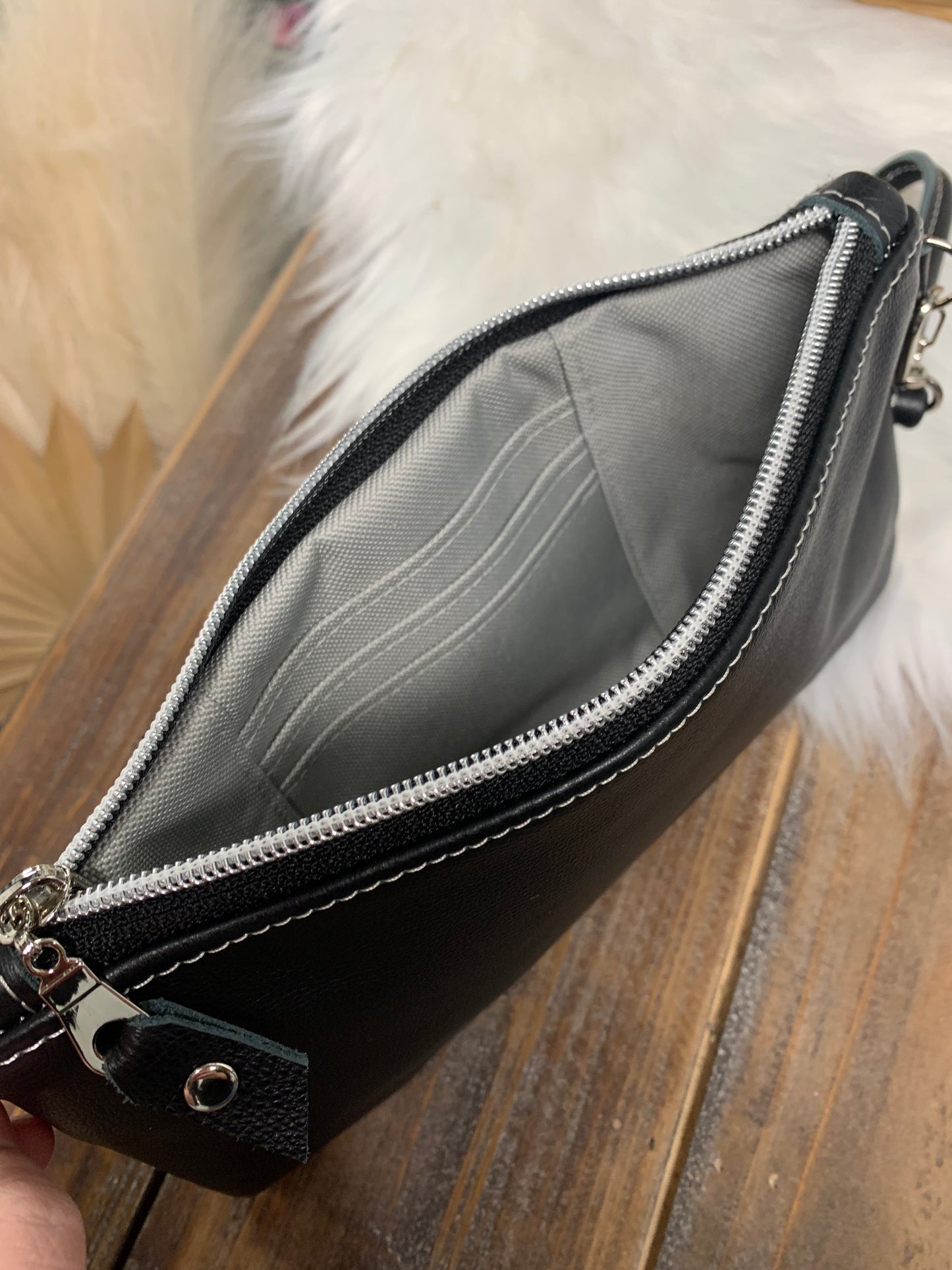 Wool clutch wristlet, Black leather, Harding tan, leather clutch wallet, Maine made, Portland wool fabric