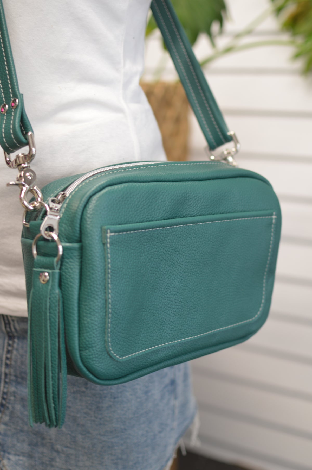 Emerald crossbody bag, Pavone Italian pebble grain leather