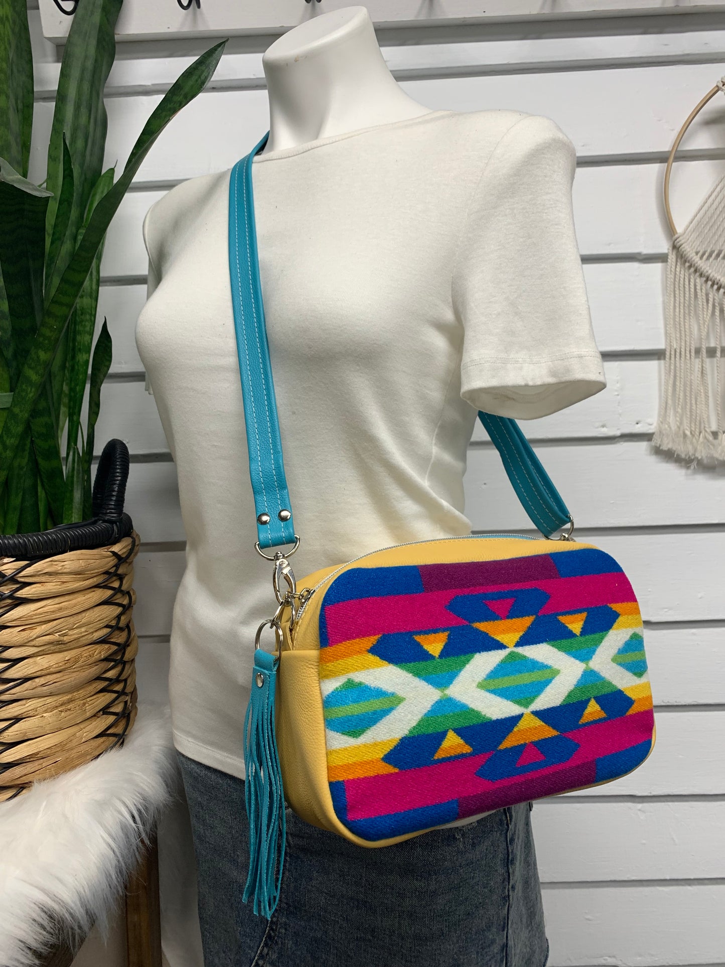 Emerald crossbody bag, San Gabriel wool, yellow turquoise leather, square bag