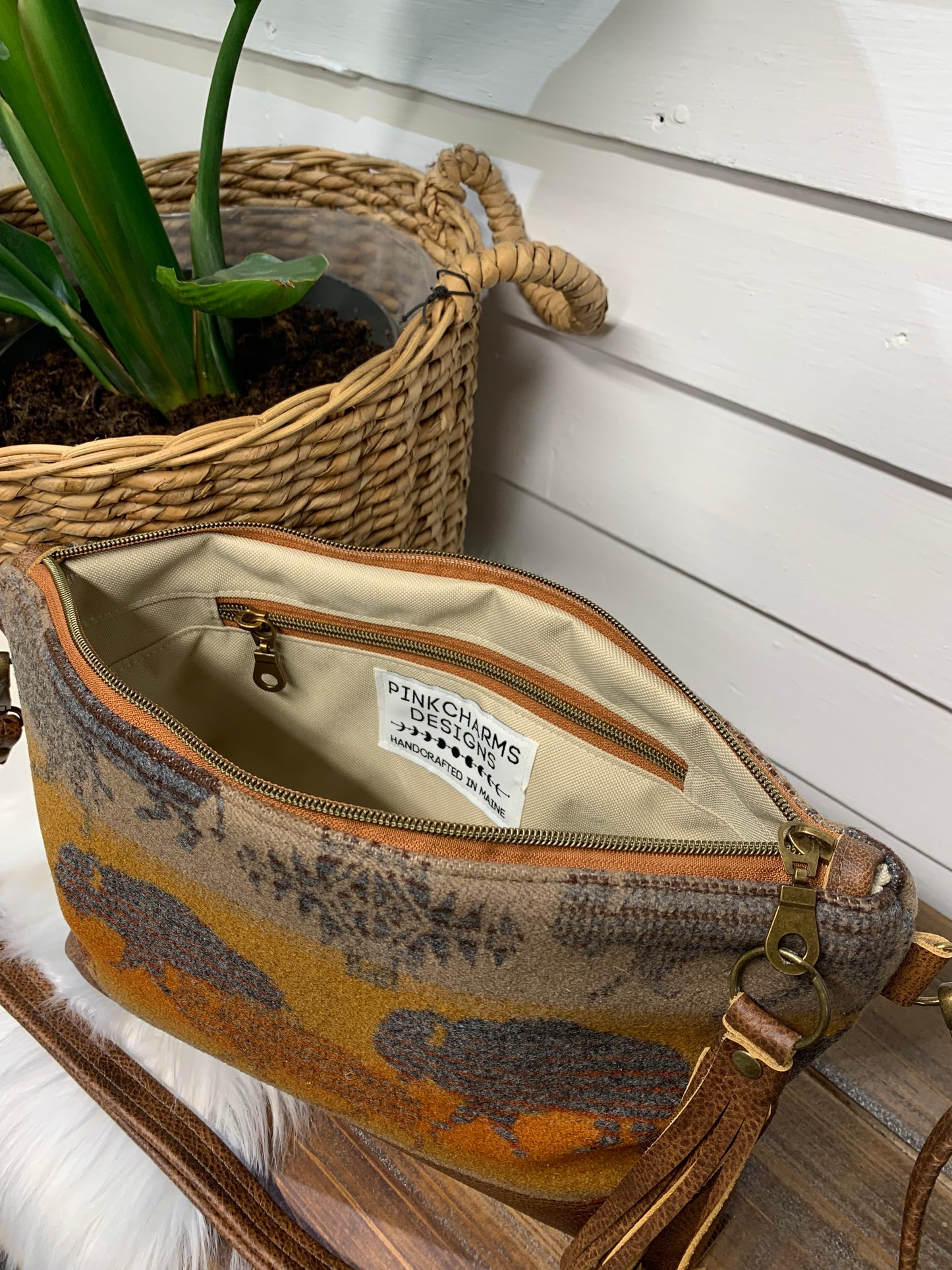 XL Ruby crossbody bag, Buffalo wool, saddle brown cowhide leather