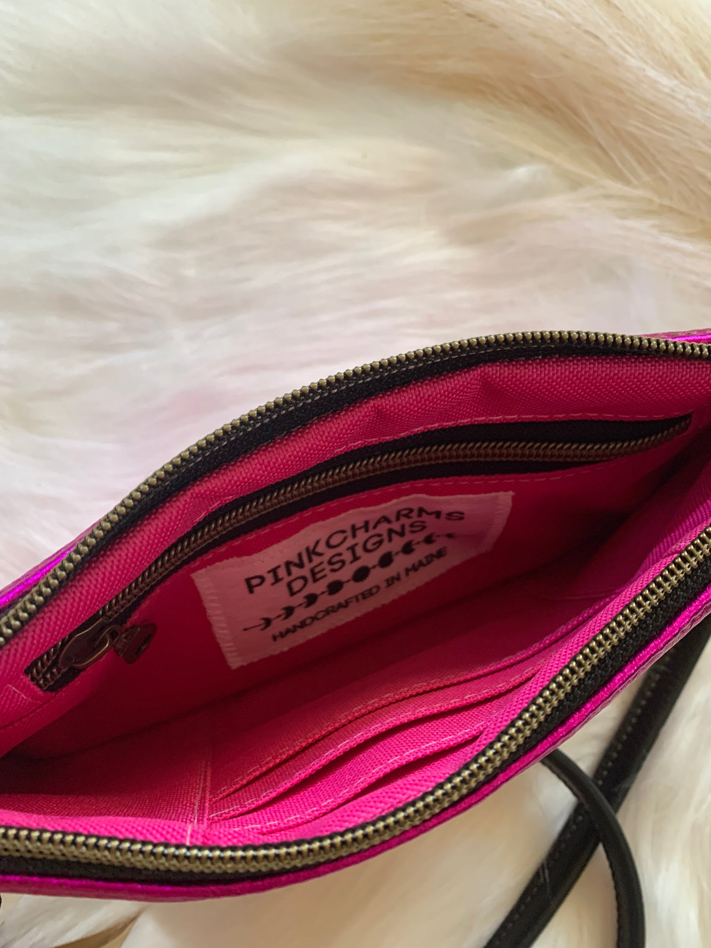 Moon phase metallic pink leather crossbody clutch, leopard leather