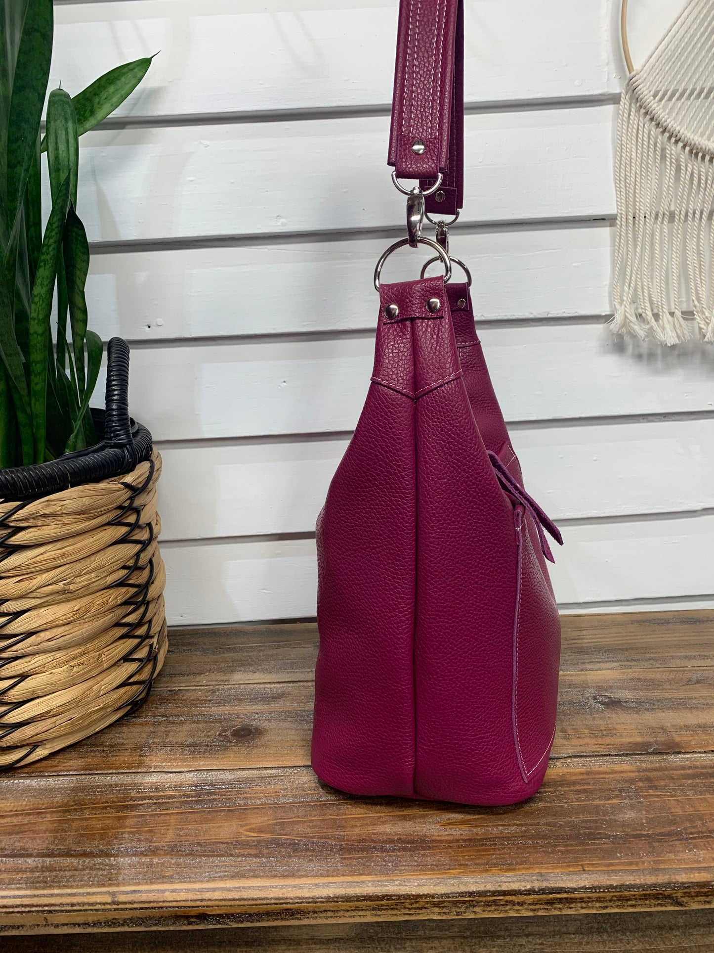 Jasper Bucket bag, Berry Italian pebble grain leather