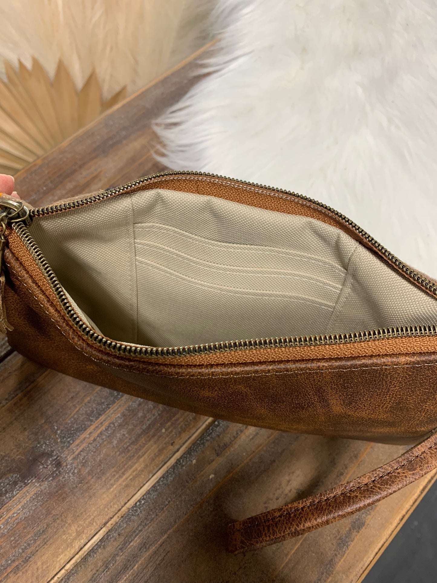 Wool and leather clutch wristlet, Pilot rock wool, saddle leather clutch wallet