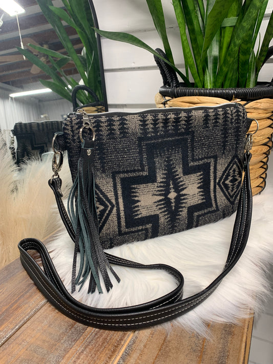 XL Clutch  Harding black wool, black leather, crossbody