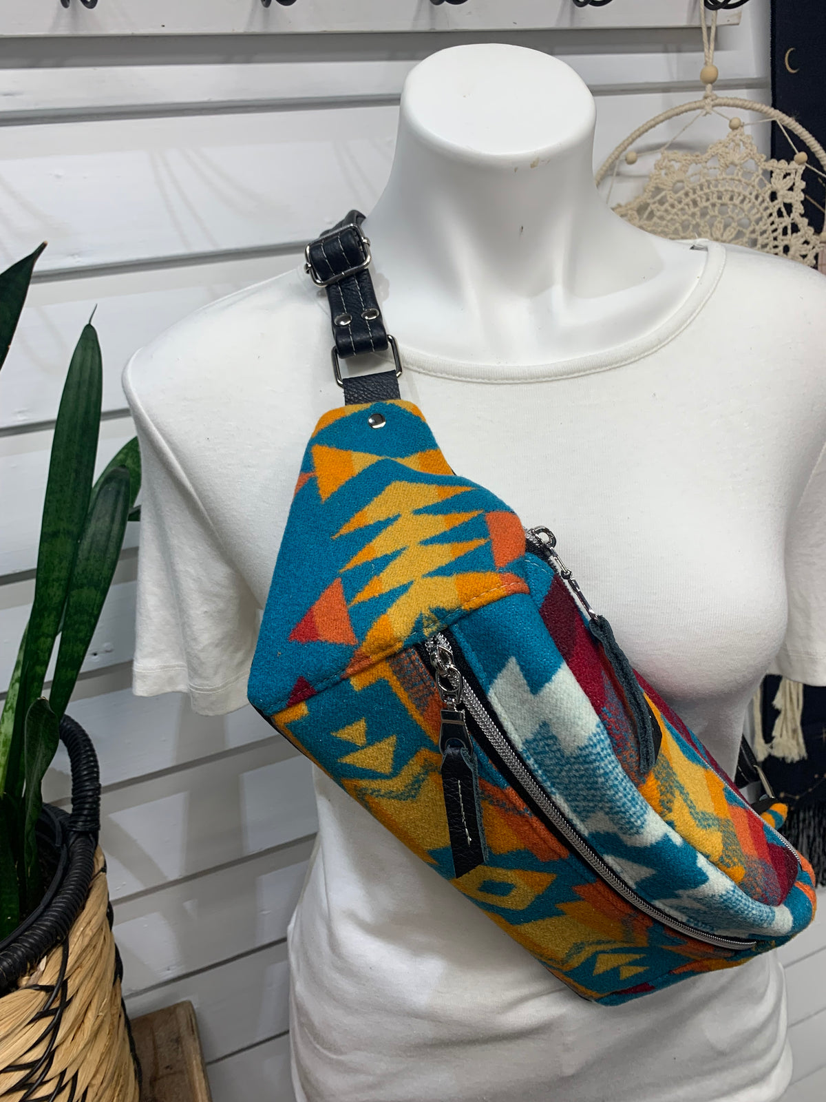 Jade Sling bag All Over Turquoise wool and black leather crossbody