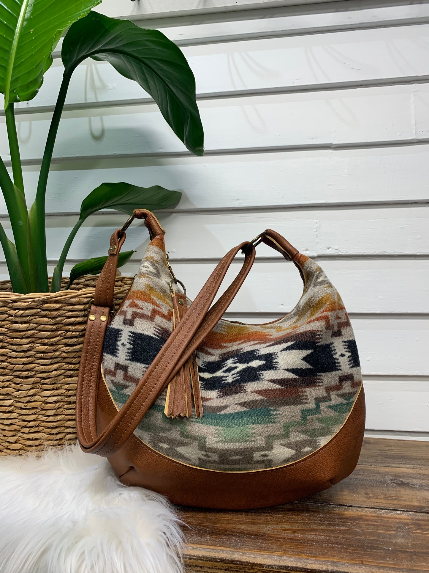 Wool and spice brown leather hobo crossbody bag, Mesilla wool