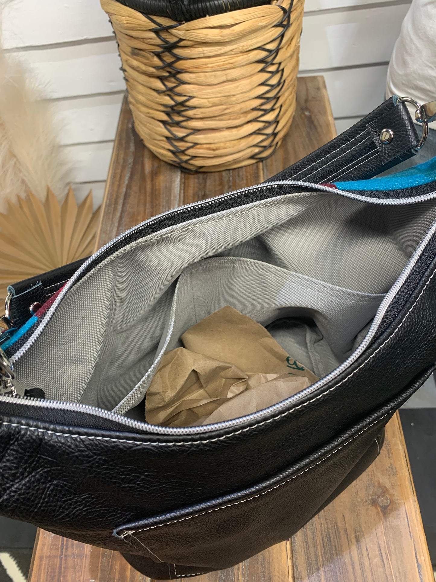 Jasper Bucket bag, All Over Turquoise wool, black leather