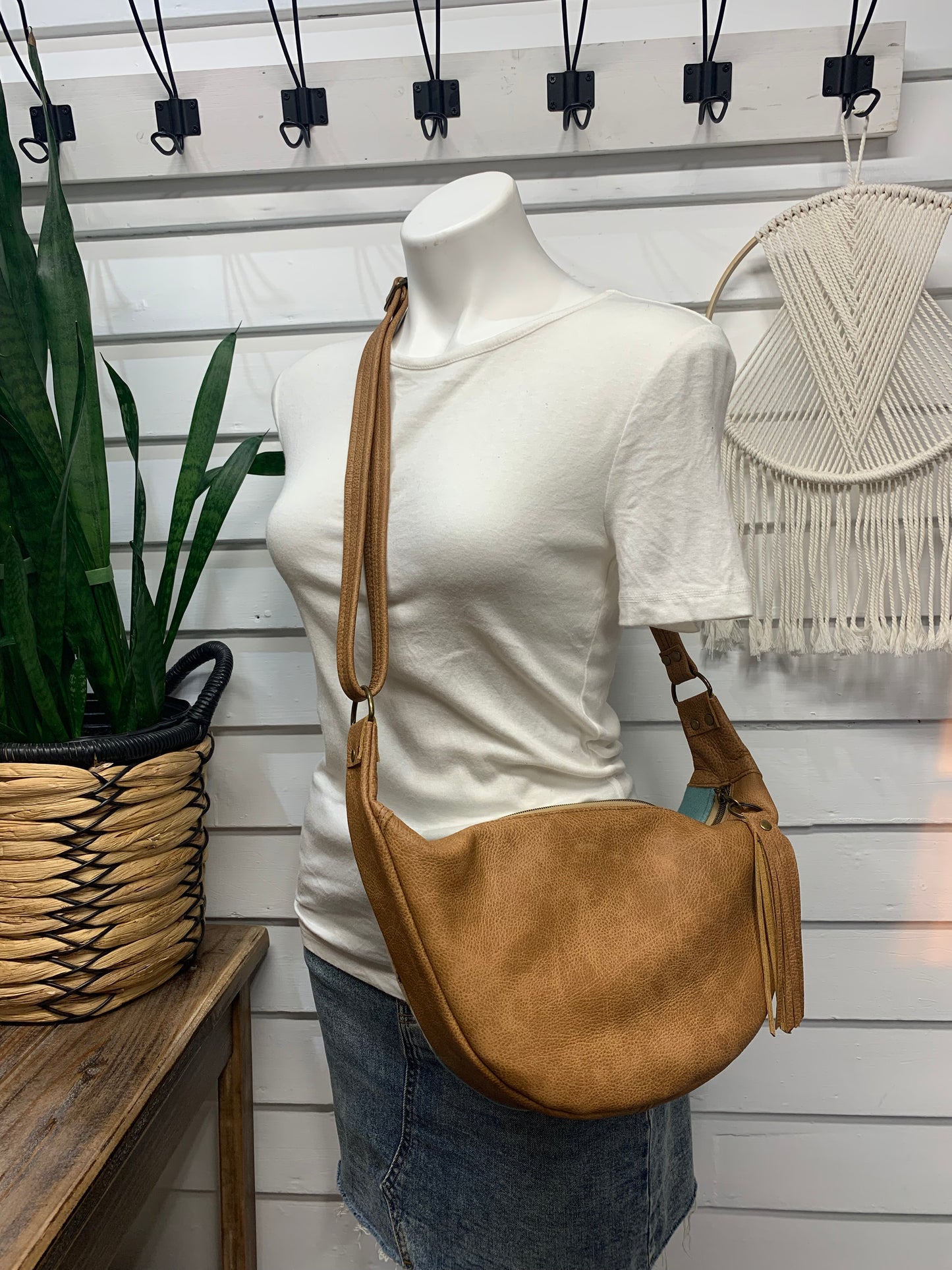 Half moon crossbody hobo bag rancho arroyo aqua wool, caramel brown leather