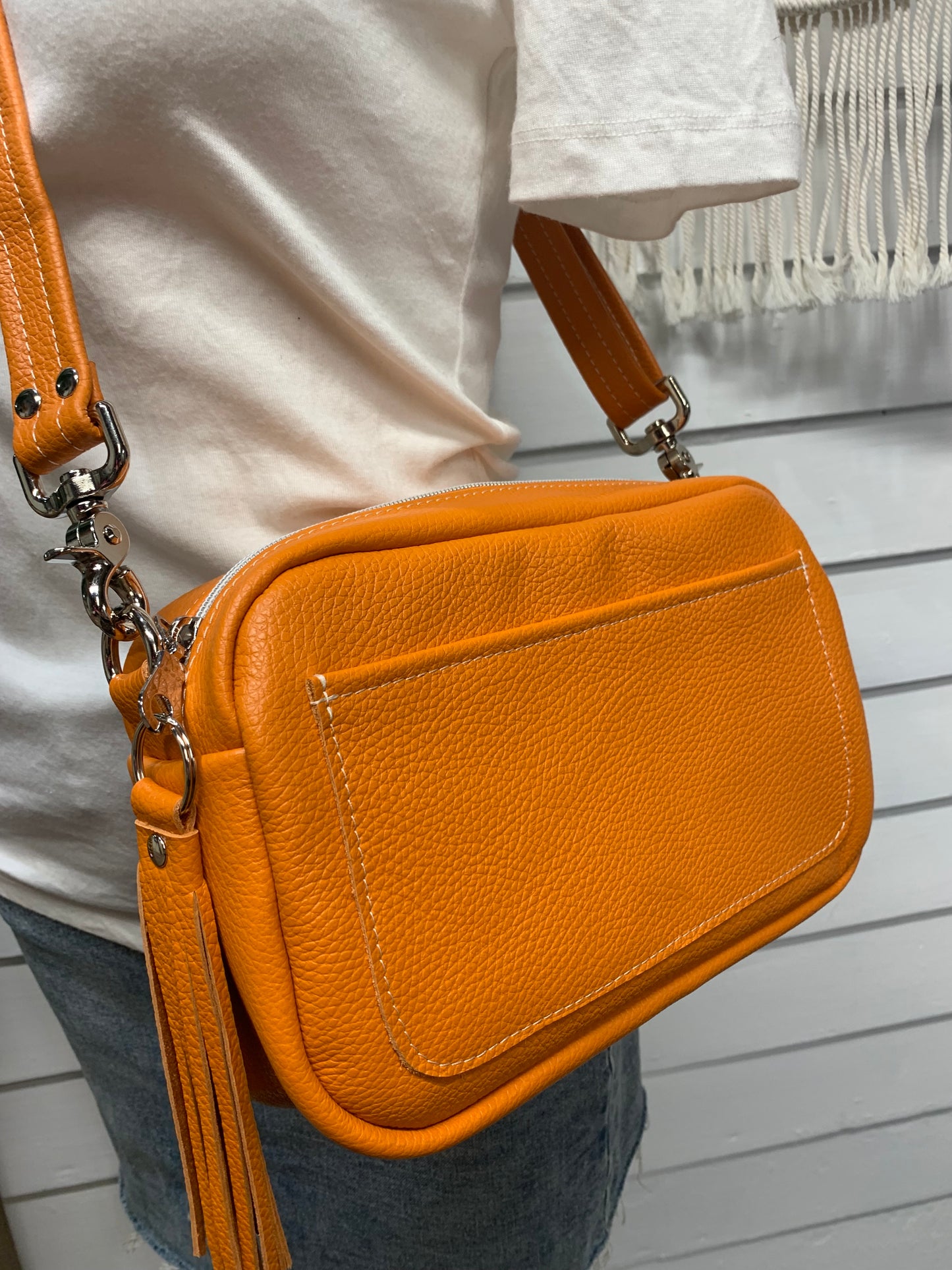 Emerald crossbody bag, Orange Italian pebble grain leather