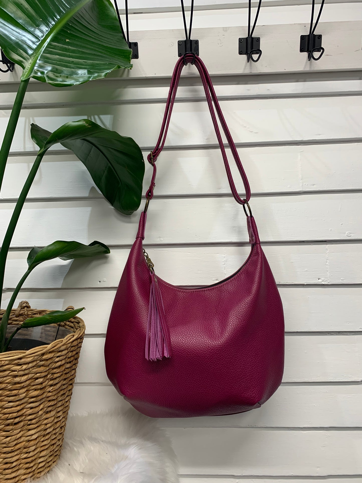 Onyx hobo bag, Berry Italian pebble grain leather crossbody