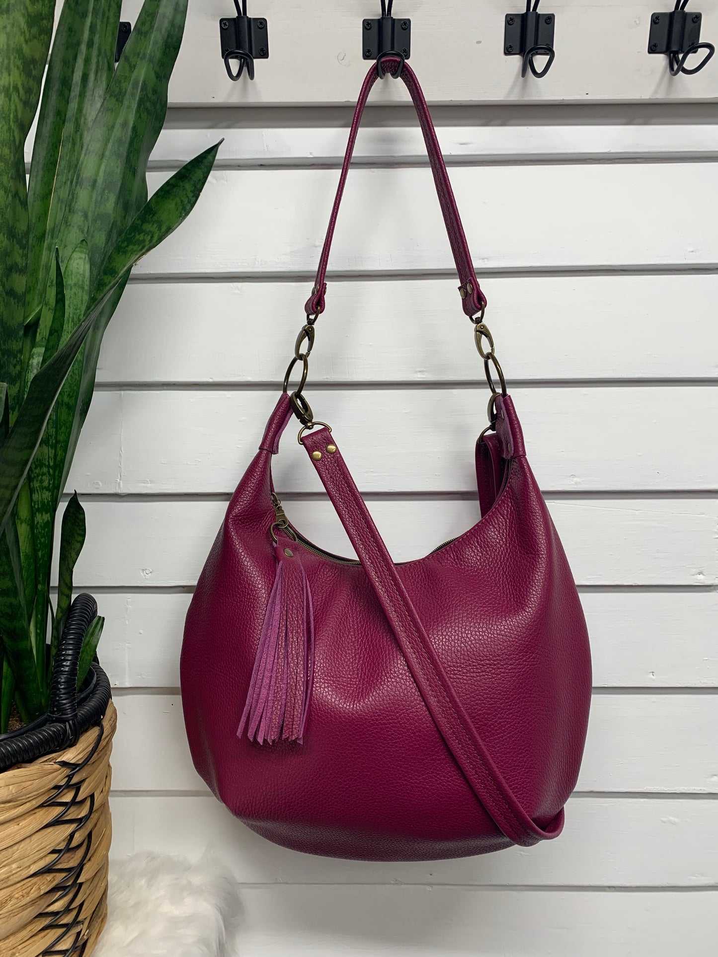 Onyx hobo bag, Berry Italian pebble grain leather crossbody