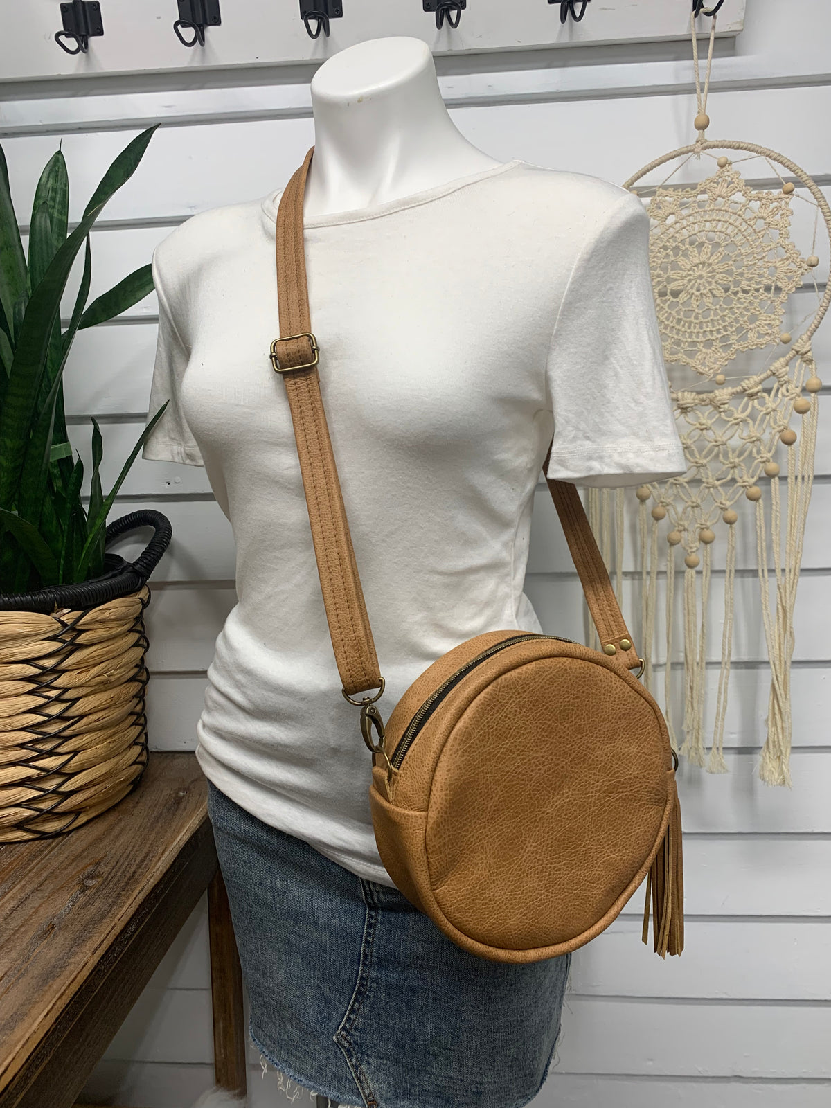 Moonstone crossbody bag, Harding black wool, caramel brown leather, Canteen bag