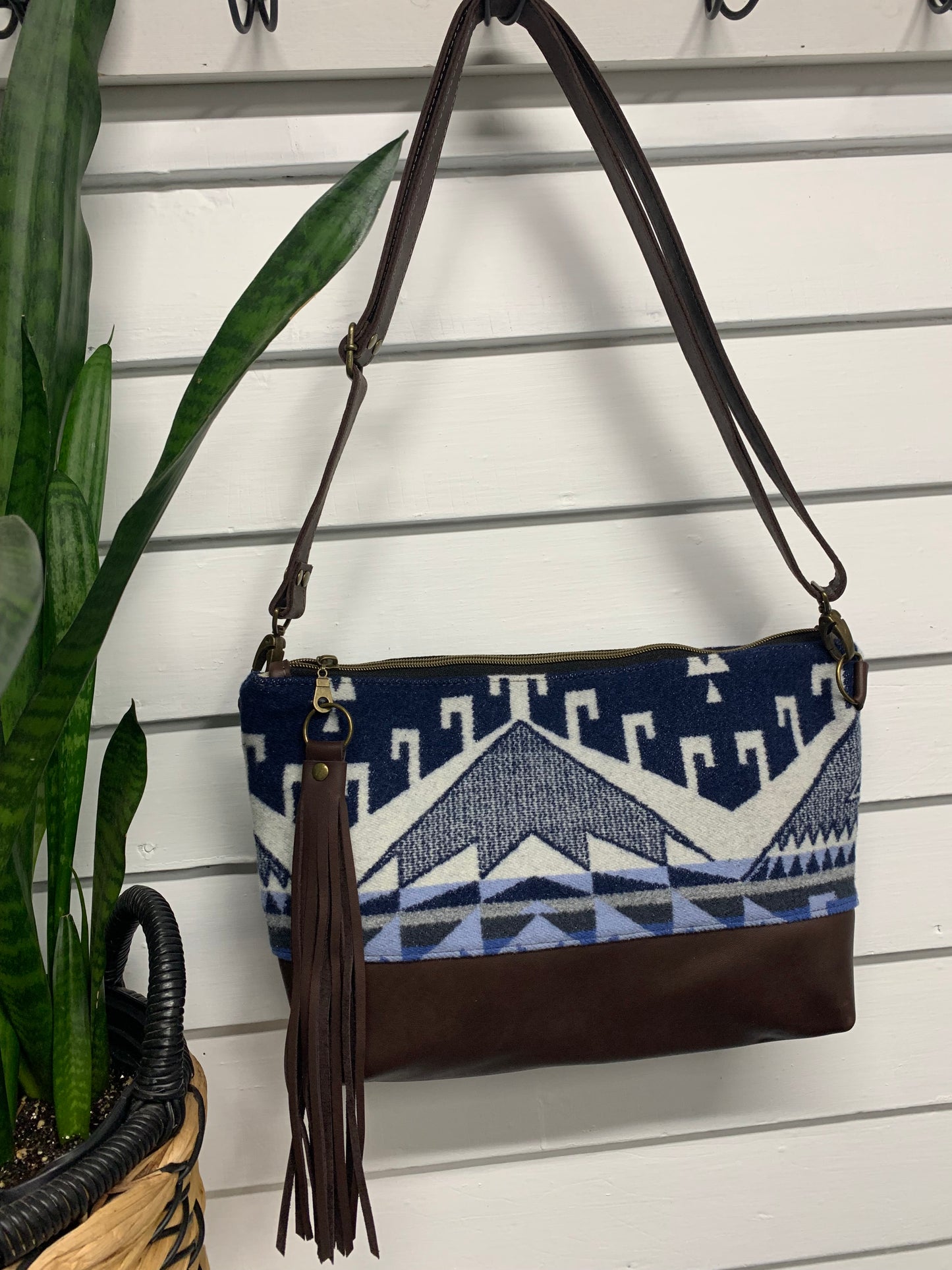 XL Ruby crossbody bag, Trailhead blue wool, waxed dark brown leather