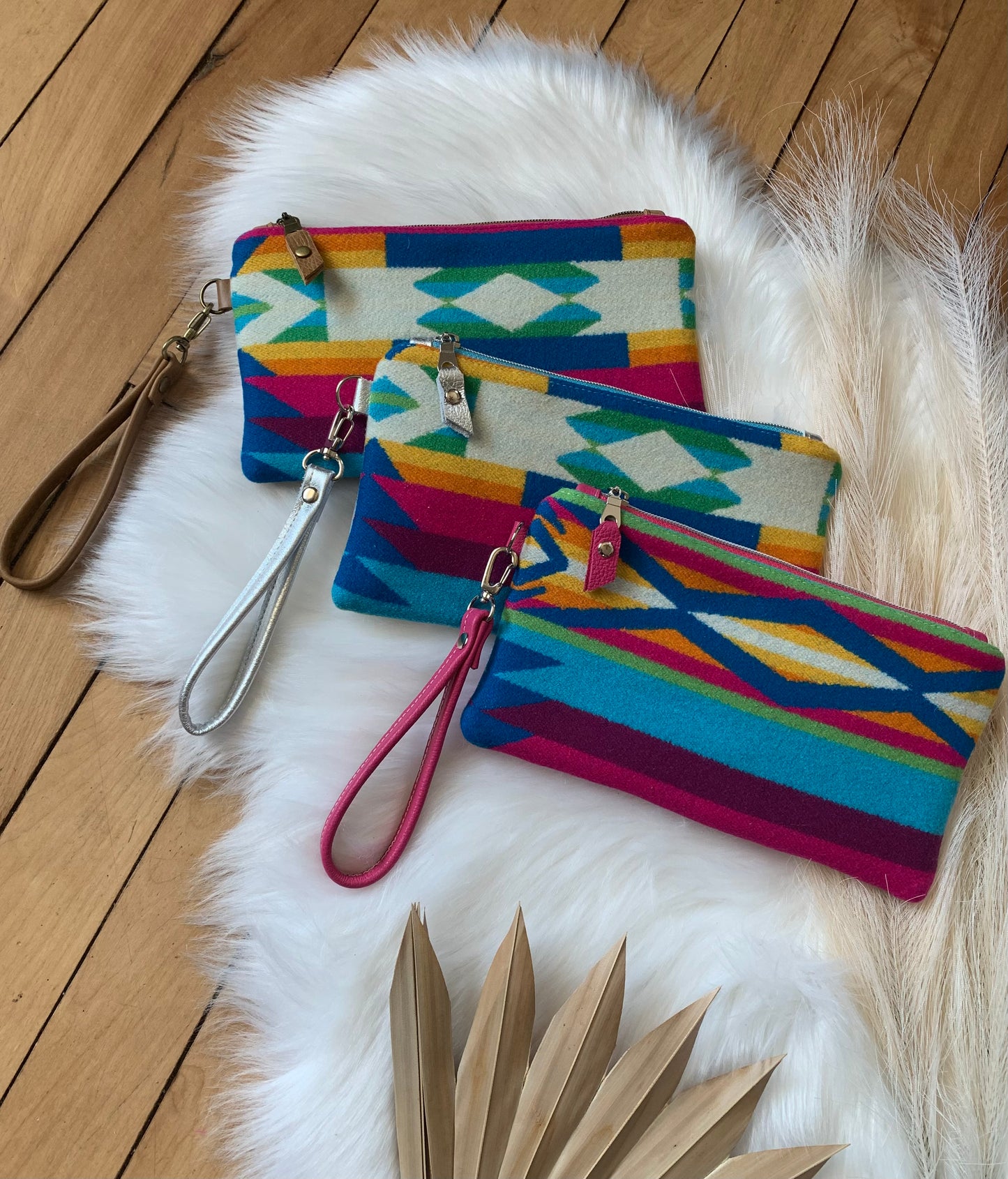 Wool and leather clutch wristlet, San Gabriel wool, caramel leather clutch wallet