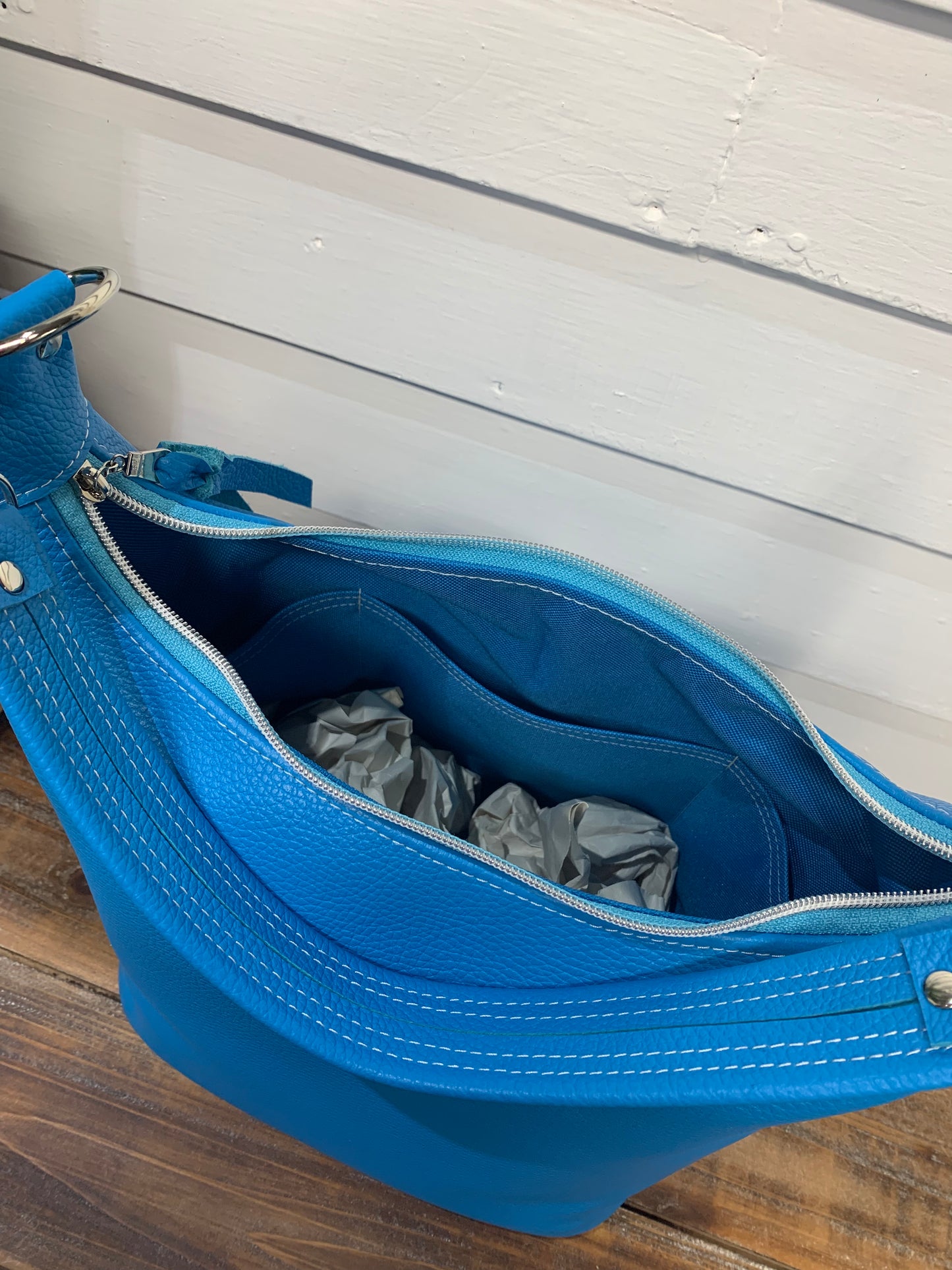 Jasper Bucket bag, Bright Blue Italian pebble grain leather