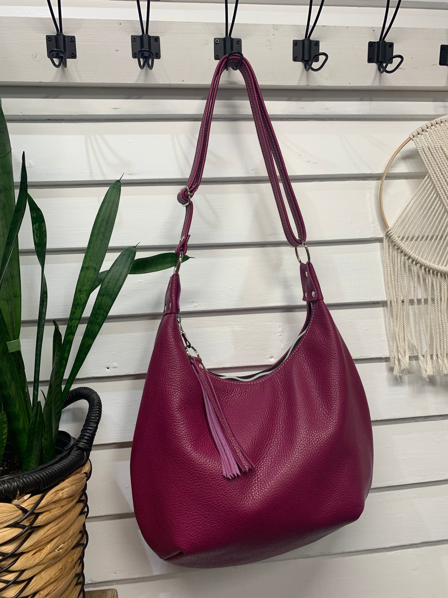 Onyx hobo bag, Berry Italian pebble grain leather crossbody
