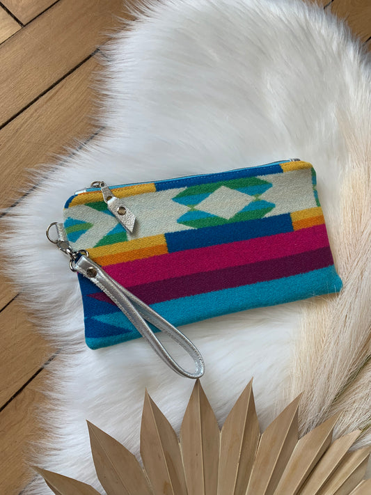 Wool and leather clutch wristlet, San Gabriel wool, Silver leather clutch wallet