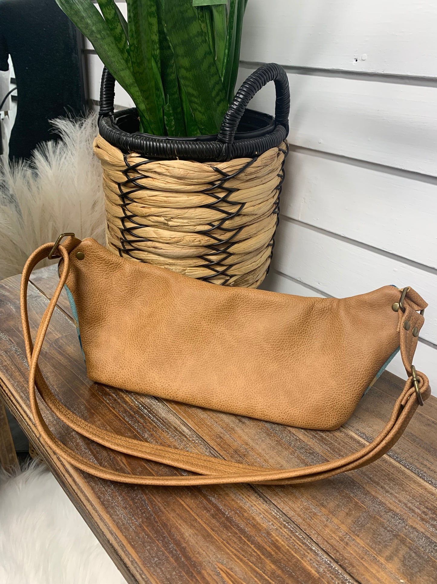 Jade Sling bag Aqua Rancho Arroyo wool and caramel leather crossbody