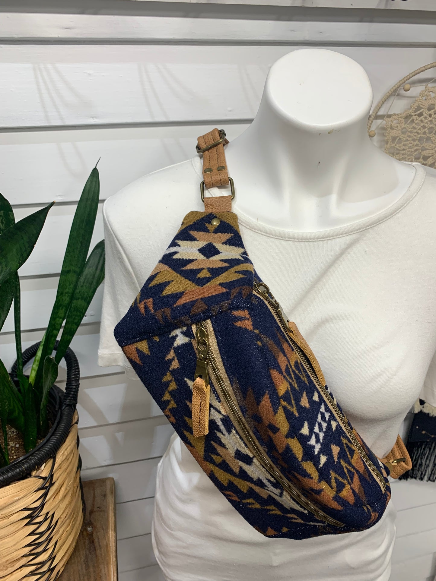 Jade Sling bag Navy Trails wool and caramel leather crossbody