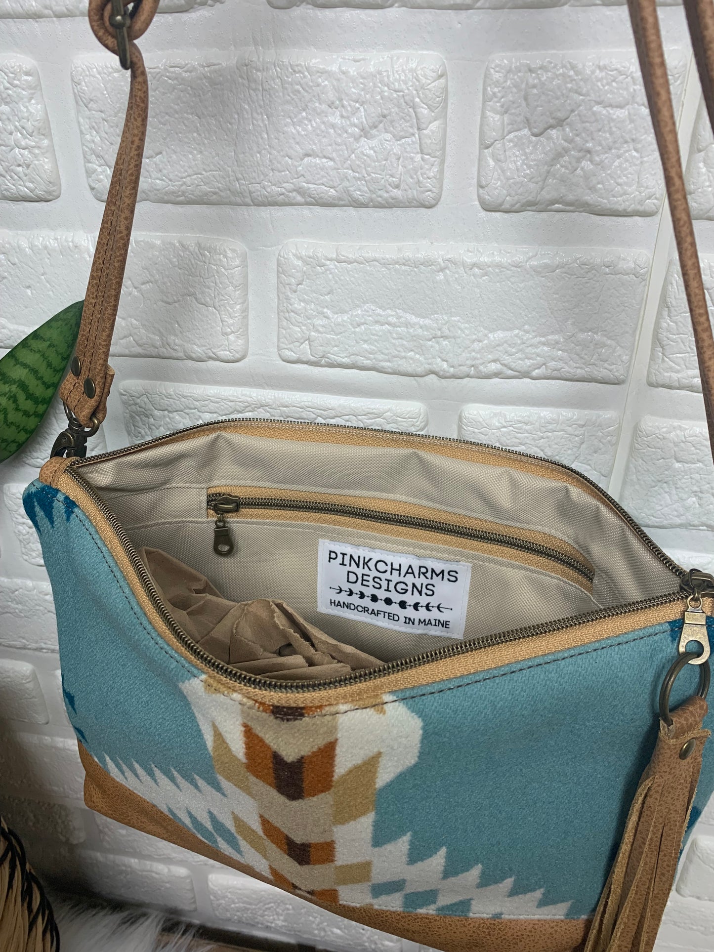 XL Ruby crossbody bag, Rancho Arroyo Aqua wool, caramel brown genuine leather