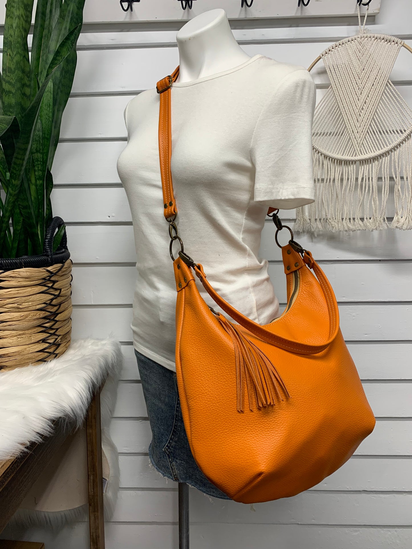 Onyx hobo bag, Pumpkin Italian pebble grain leather crossbody