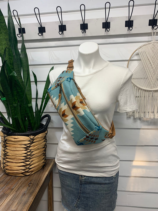 Jade Sling bag Aqua Rancho Arroyo wool and caramel leather crossbody