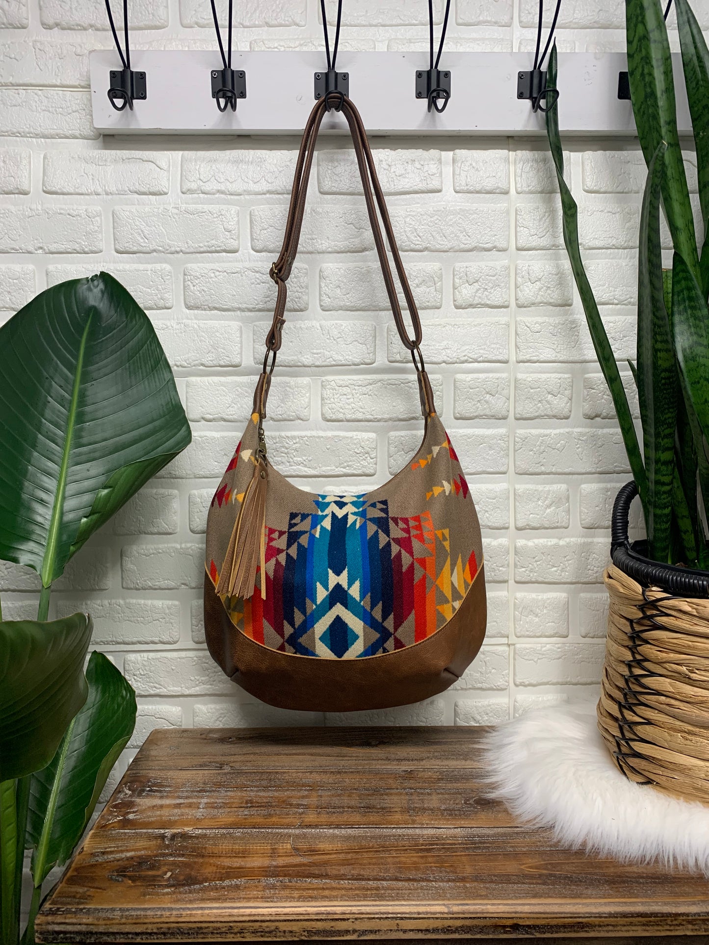 Wool and leather hobo bag, Pilot Rock wool fabric, brown genuine leather, hobo bag, wool crossbody bag